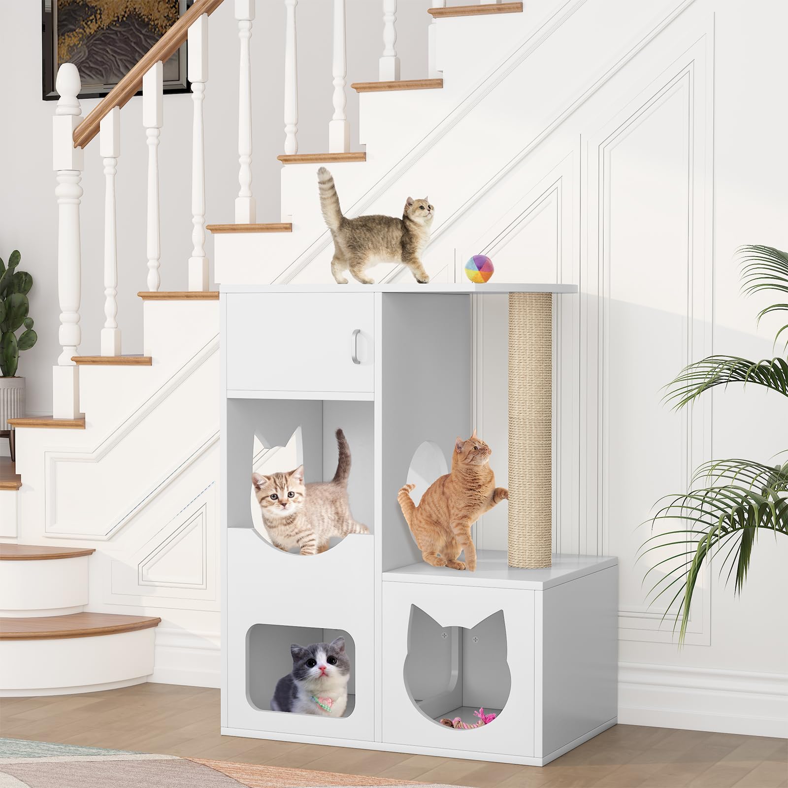 White Wooden Cat House with Scratching Post - Indoor Cat Furniture for Play & Rest