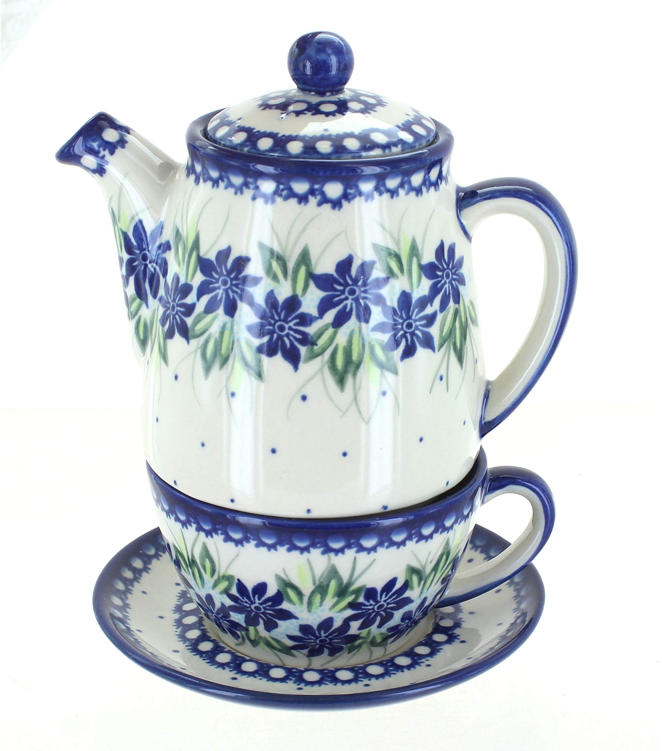 Blue Rose Polish Pottery Sierra Tea For One Set - Handmade Ceramic Teacup with Saucer - Perfect for Afternoon Tea, Gifts & Home Decor