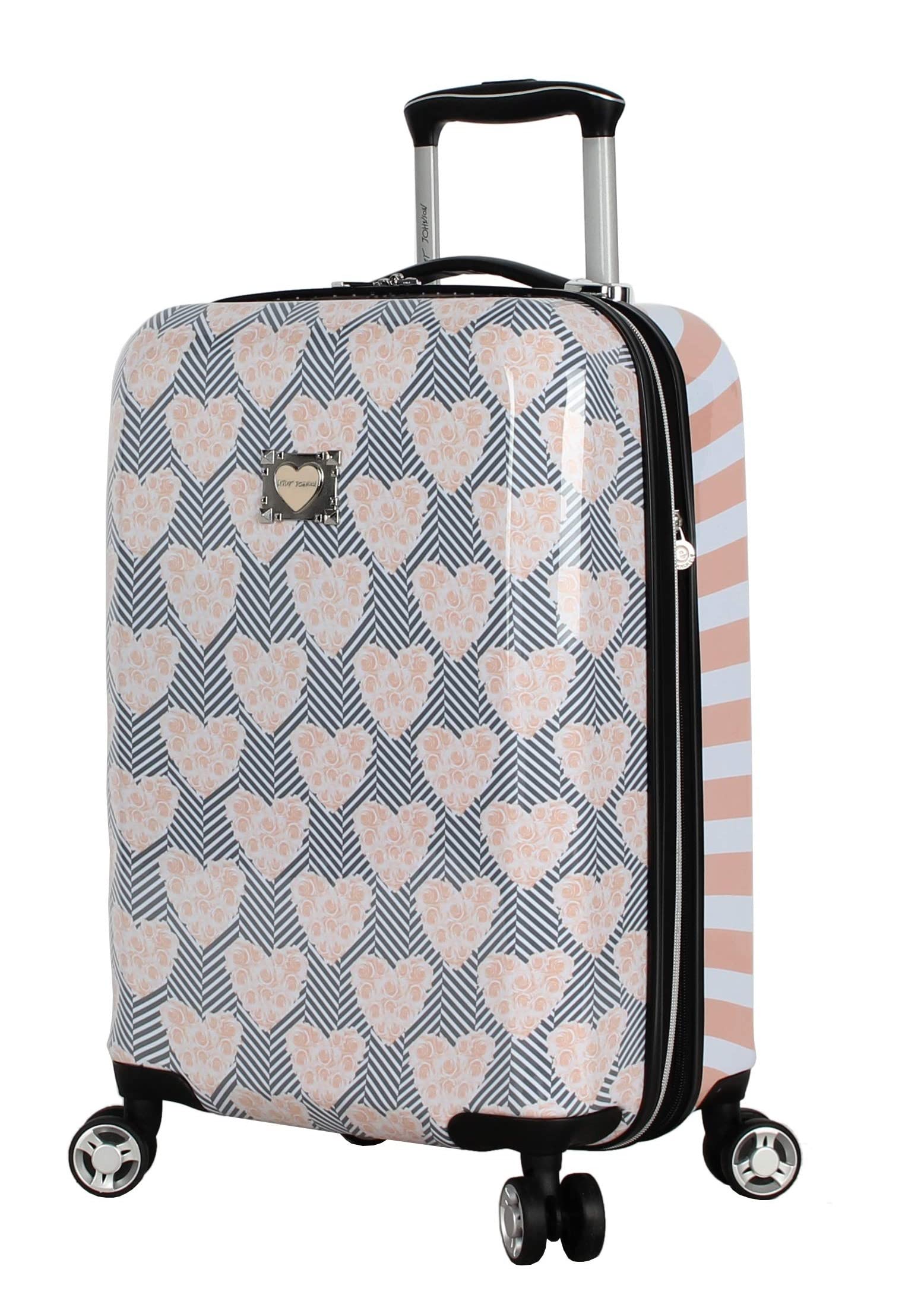 **Betsey Johnson Designer 20 Inch Expandable Hardside Carry-On Luggage (ABS + PC) - Lightweight Durable Suitcase with 8 Spinner Wheels for Women - Chevron Hearts Print - Perfect for Air Travel & Weekend Getaways**