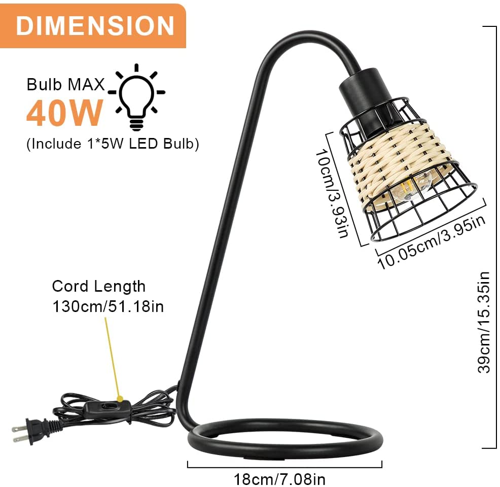 Modern LED Desk Lamp with Rattan Shade - Industrial Black Metal Table Lamp for Bedroom, Living Room, Office & Study | Adjustable Nightstand Lighting for Reading & Workspace