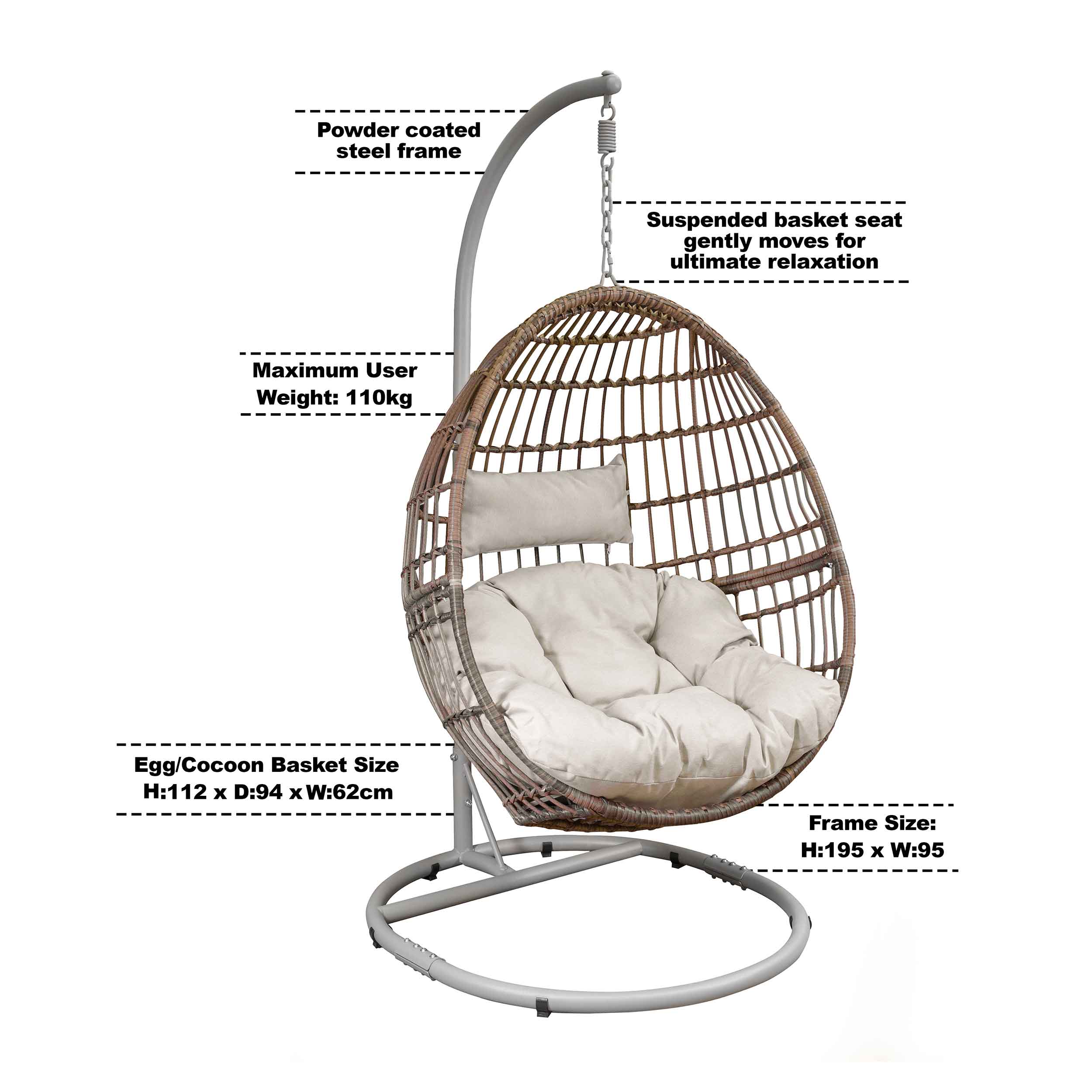 Egg Hanging Swing Chair - Wicker Rattan Basket with Sturdy Steel Frame - Perfect for Porch, Patio, Garden & Backyard Relaxation