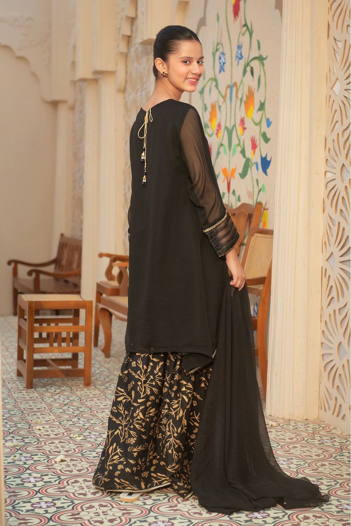 Elegant Black Stitched Chiffon Hand Adda Suit in Ochre - Perfect for Weddings, Parties & Special Occasions