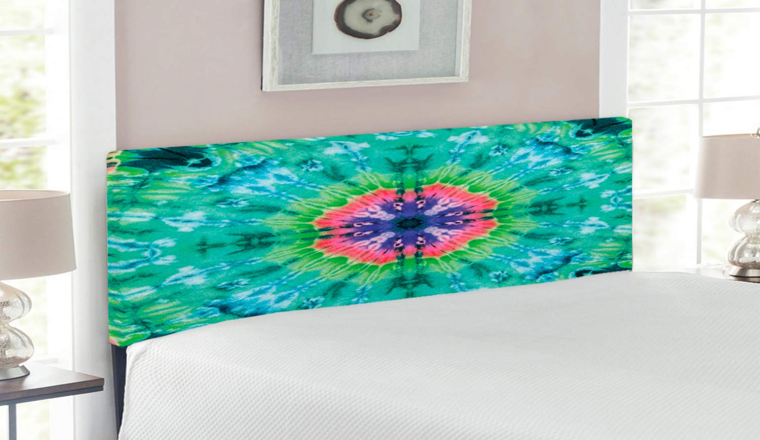 Ambesonne Marble Print Queen Size Headboard - Distressed Pleating Gradient Brushed Stone Effect Upholstered Metal Bed Frame with Memory Foam in Green & Pink | Perfect for Modern Bedroom Decor & Guest Room Upgrade