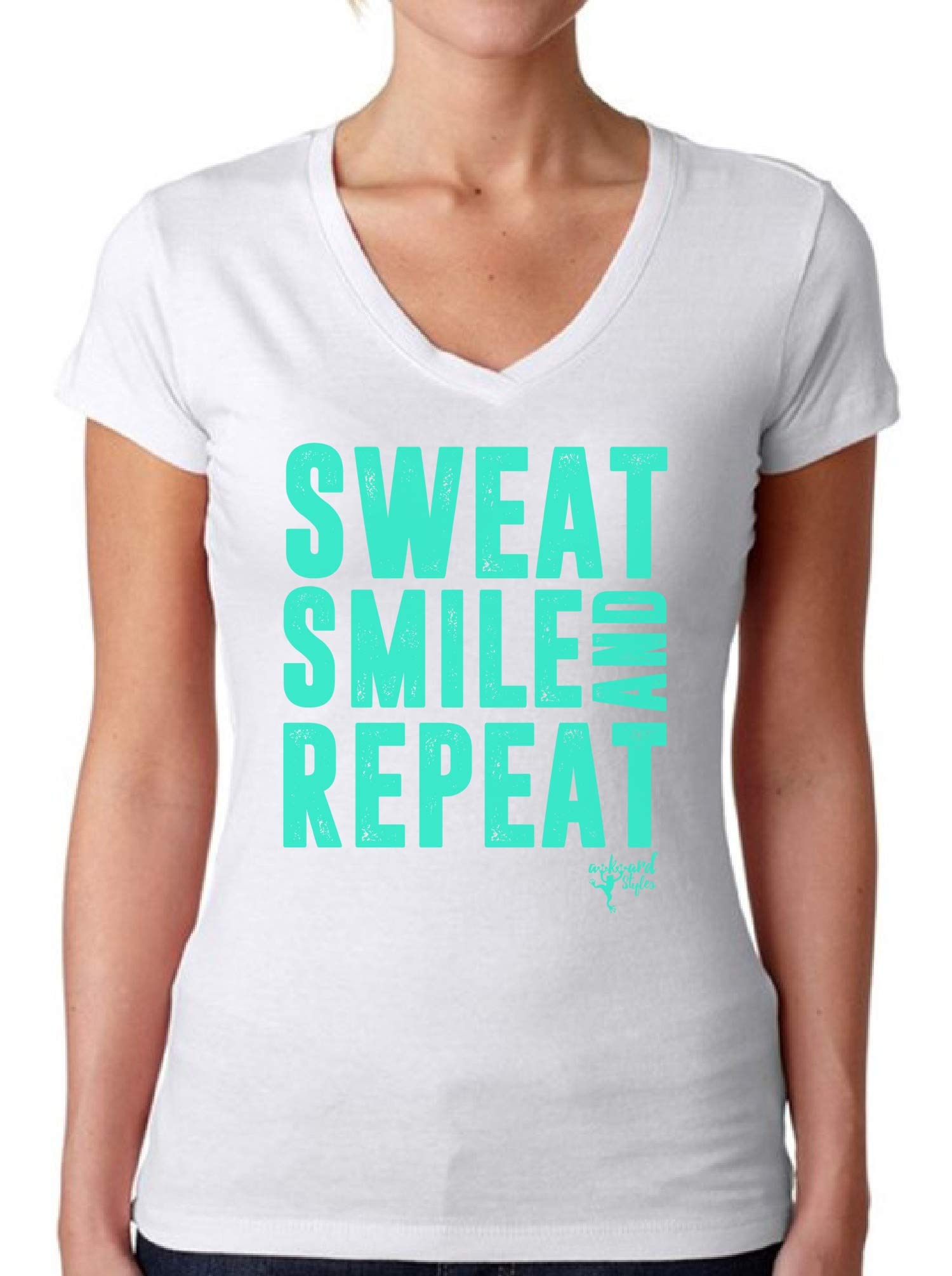 Awkwardstyles Women's V-Neck T-Shirt - Sweat Smile Repeat Motivational Positive Quote Tee with Free Bookmark | Gym Workout, Yoga, Casual Wear