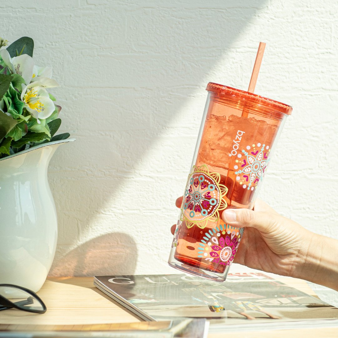 24oz Double Wall Insulated Plastic Tumbler with Lid & Straw - Leakproof Travel Mug, BPA-Free, Reusable Cold Drink Cup for Coffee, Iced Tea, Smoothies - Medallion Orange (Perfect for Office, Gym, Camping & Outdoor Activities)