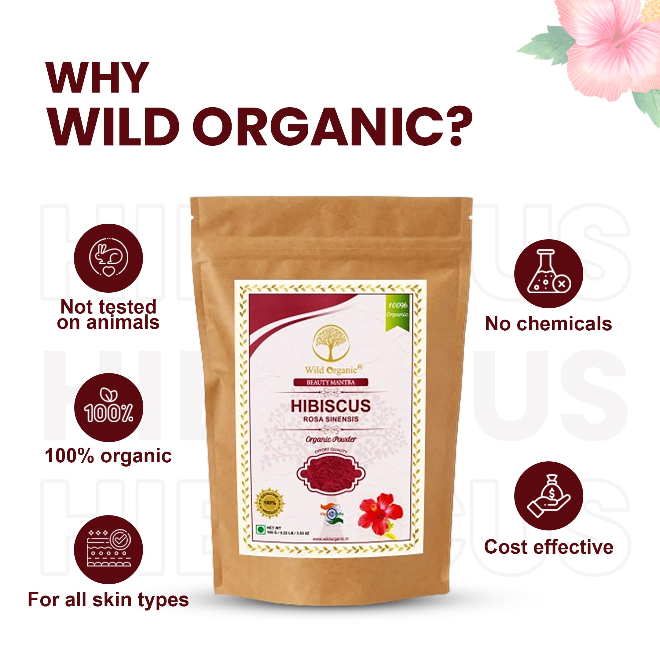 WILD ORGANIC 100% Natural Hibiscus Flower Powder (Rosa Sinensis) - 100g for Face Mask & Hair Growth Treatment | DIY Beauty Care, Skin Brightening & Scalp Nourishment