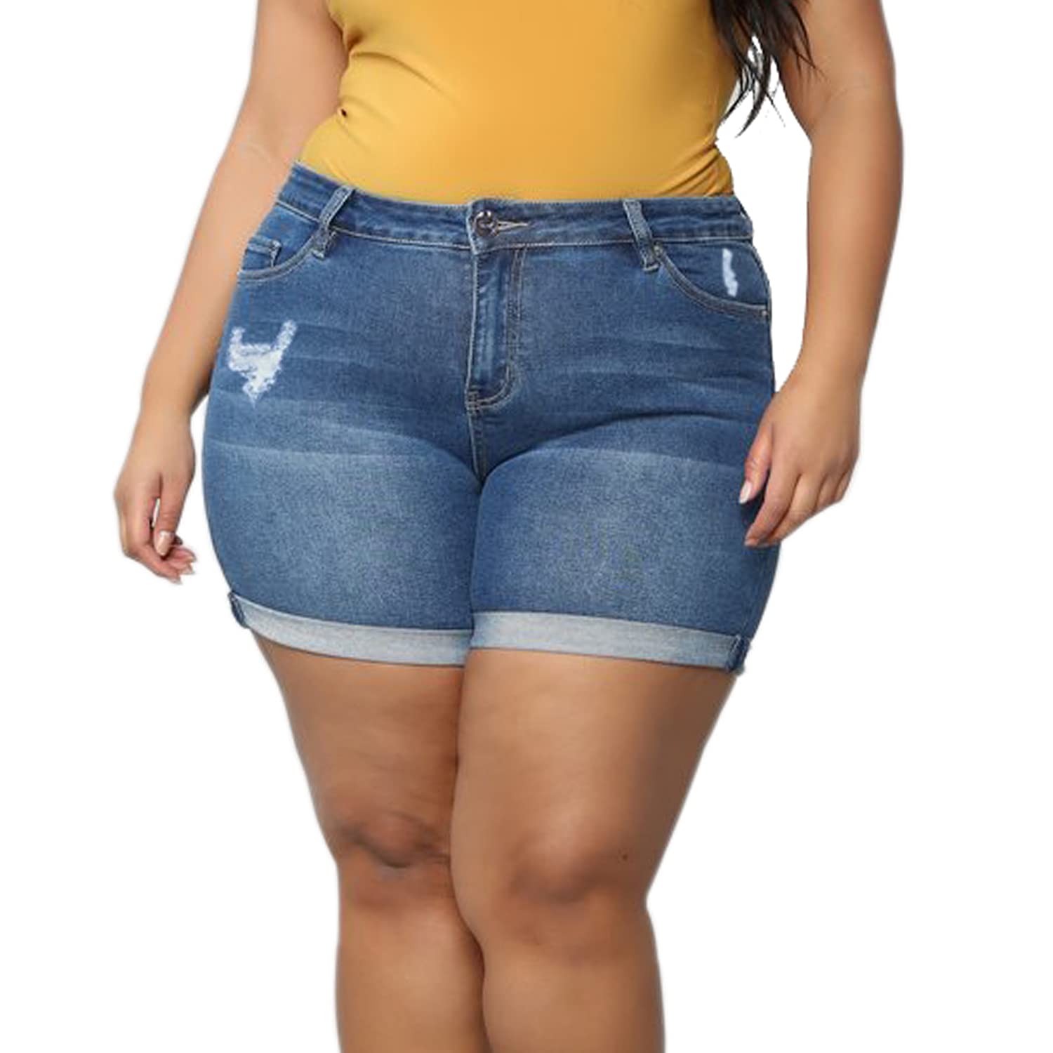 Plus Size Women's Ripped Denim Jean Shorts - High Waisted Stretchy Folded Hem Shorts for Summer | Casual Outfit, Beach Wear, Street Style Fashion