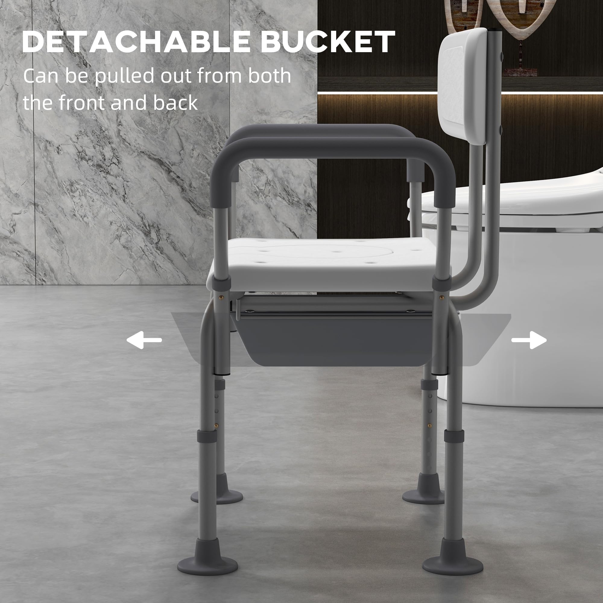 HOMCOM 3-in-1 Adjustable Shower Chair with Backrest & Arms, Bedside Commode & Raised Toilet Seat - Non-Slip Rubber Feet for Elderly & Disabled - Safe Bathroom Mobility Aid for Seniors, Post-Surgery Recovery & Home Care (White)