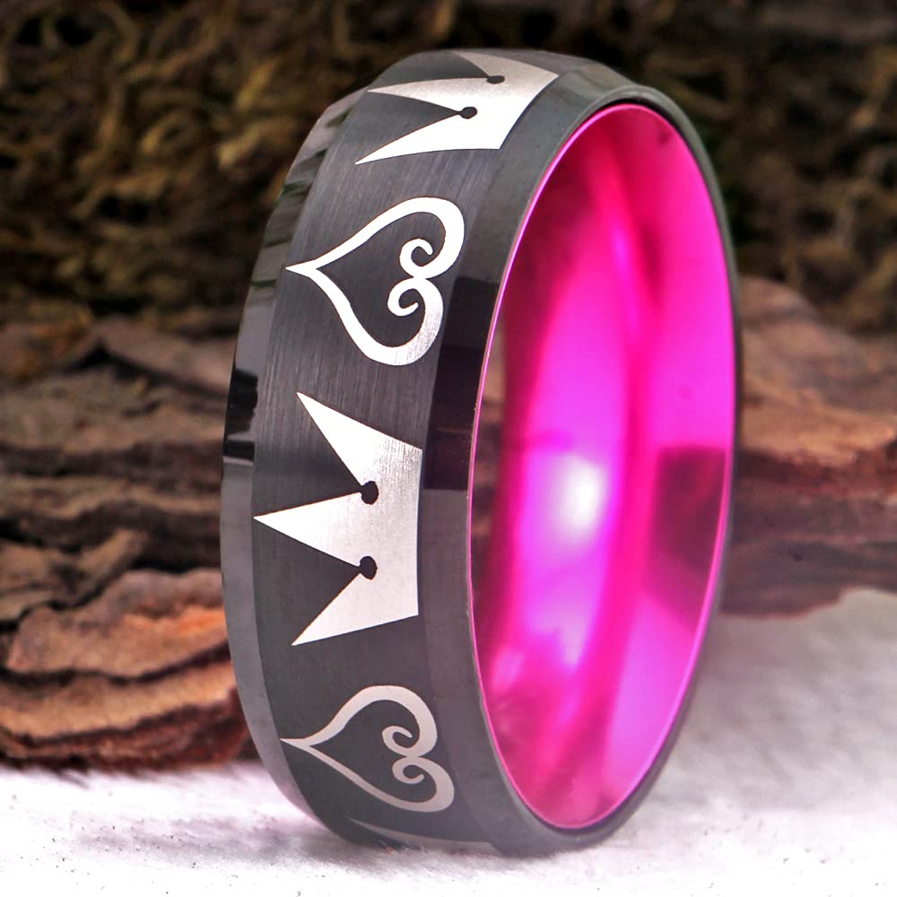 Kingdom Hearts & Crowns Design Cosplay Ring - 8mm Matte Red & Black Tungsten Wedding Band with Beveled Edges - Free Custom Engraving - Perfect for Cosplay, Gifts, and Unique Wedding Jewelry