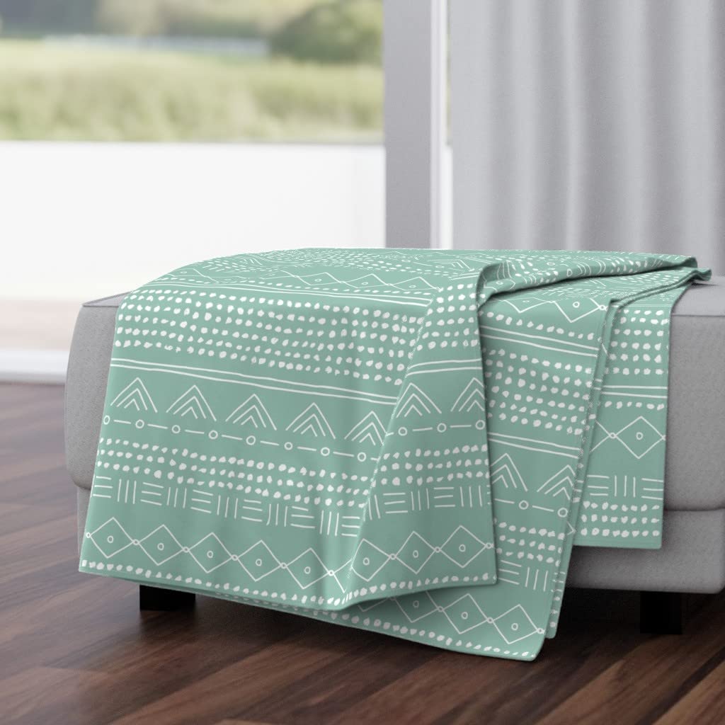 Soft Plush Minky Throw Blanket 50x70 Inches - Bohemian Abstract Mudcloth Design, Summer Mint & Ink Hawaii Ethnic Print | Cozy Couch, Bed, Sofa Blanket for Home Decor & Gift