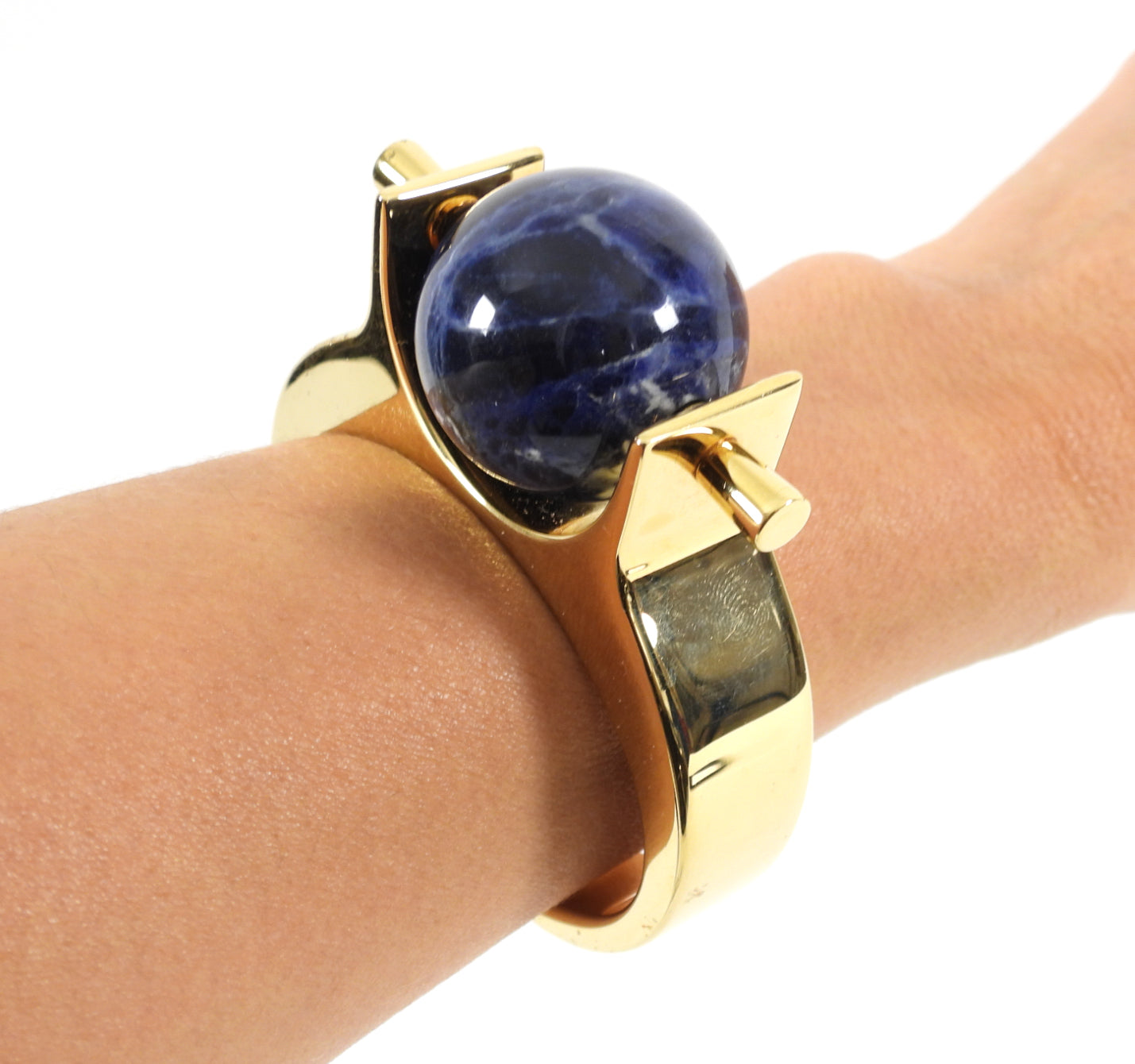 Chloe Architectural Cuff Bracelet with Genuine Lapis Lazuli Stone - Elegant Statement Jewelry for Women, Perfect for Evening Parties & Special Occasions