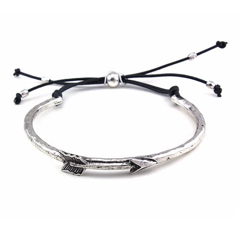 Arrow Pull Tie Cuff Bracelet in Burnished Silver - Elegant Jewelry for Women, Perfect for Parties, Weddings & Everyday Wear