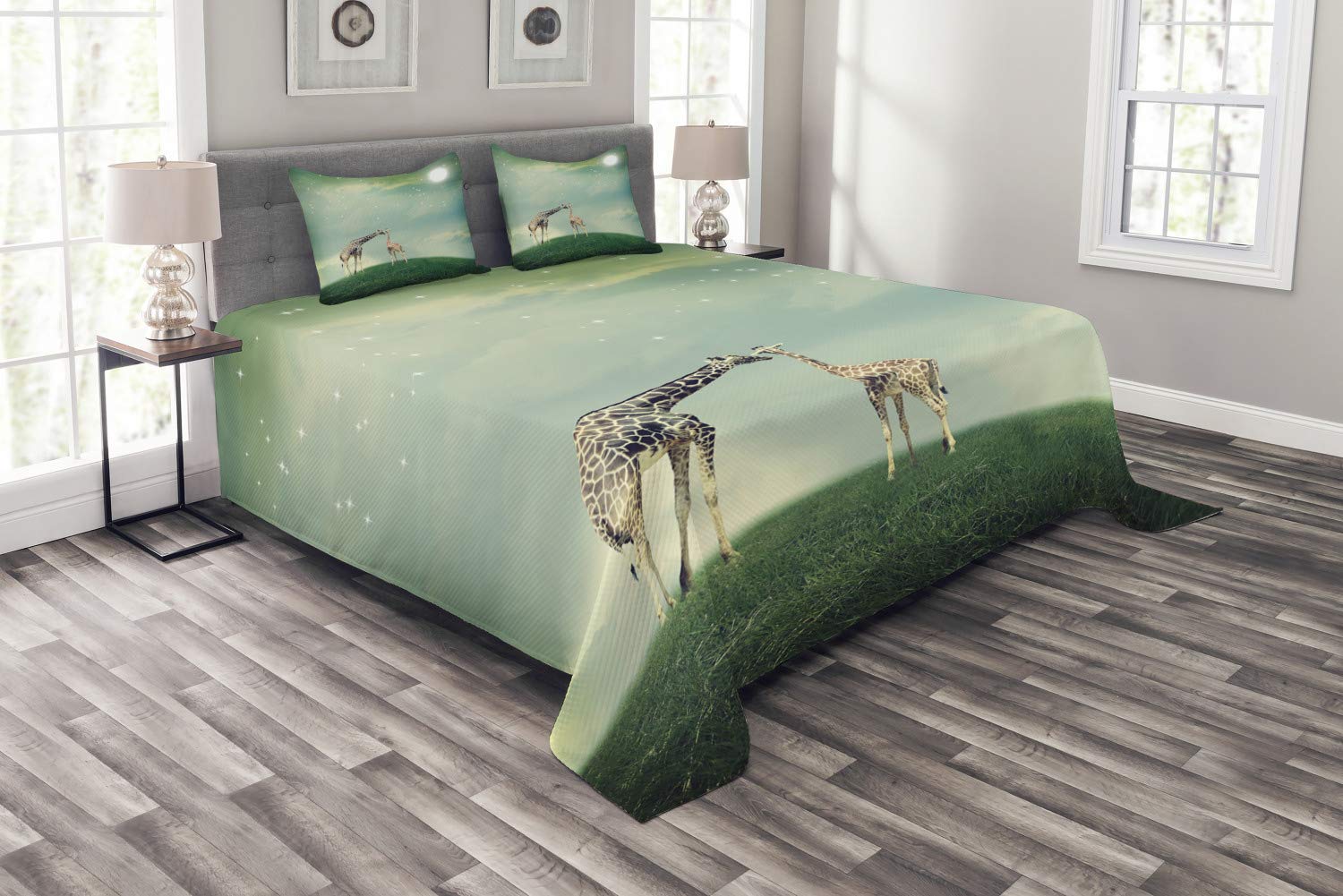 Ambesonne Giraffe Bedspread Set - 3 Piece King Size Bedding with 2 Pillow Shams, Mother Giraffe & Moon Design on Meadow Landscape, Multicolor Bohemian Decor - Perfect for Nursery, Kids Room or Safari-Themed Bedroom