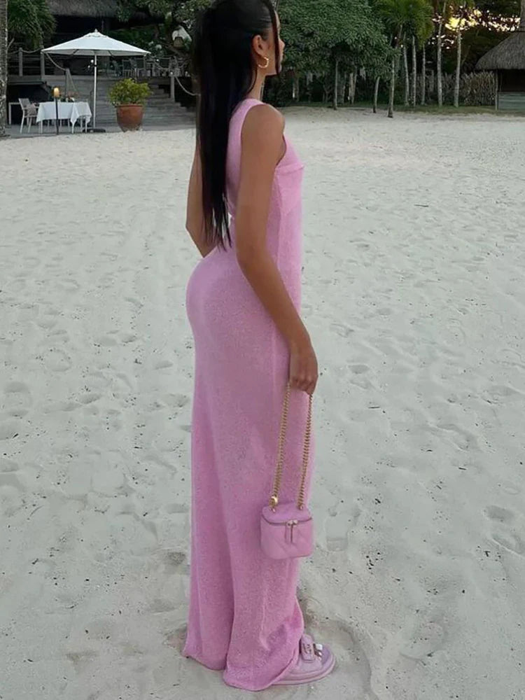 Fantoye Women's Knitted Round Neck Ruched Maxi Dress - Pink Sleeveless See-Through Summer Dress for Elegant Party, Beachwear & Casual Outings