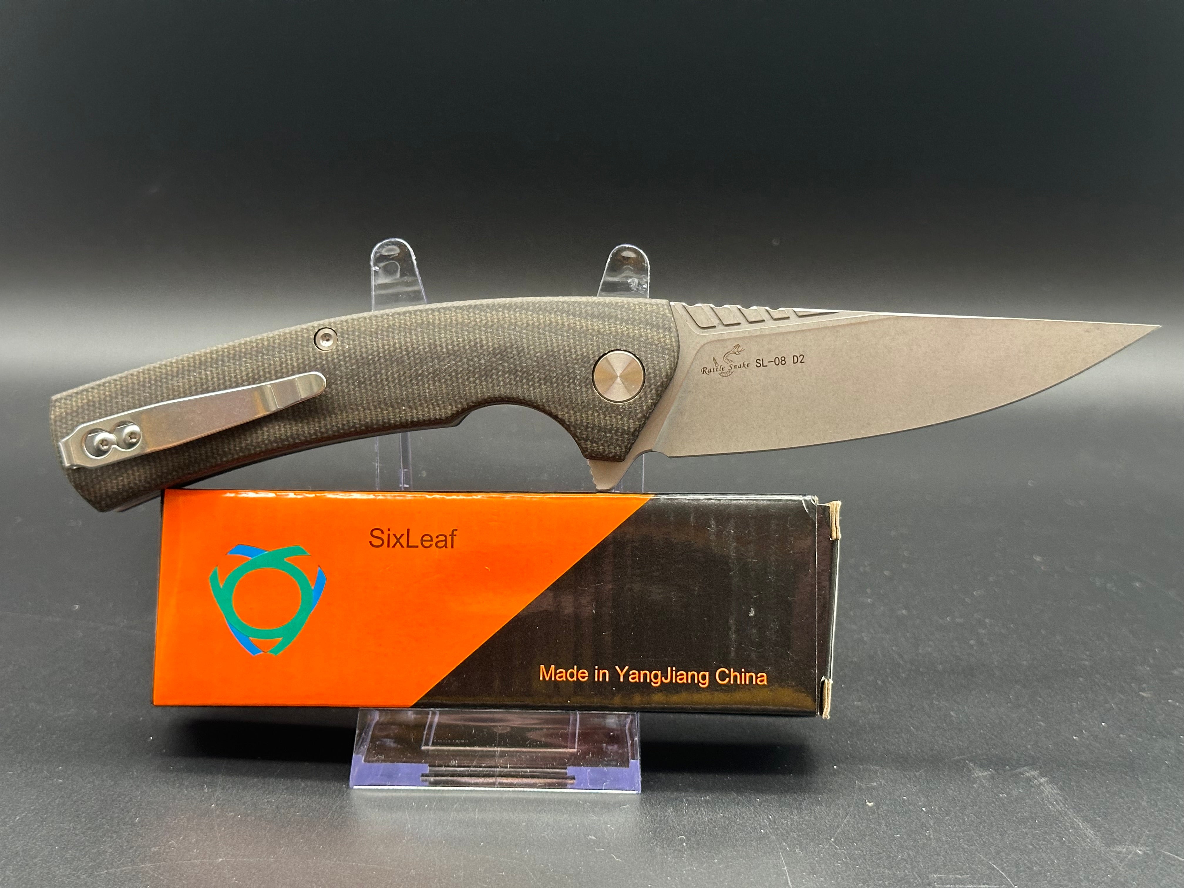SixLeaf SL-08 Folding Knife - Black Linen Micarta Handle, D2 Steel Plain Edge - EDC, Camping, Outdoor Survival Gear