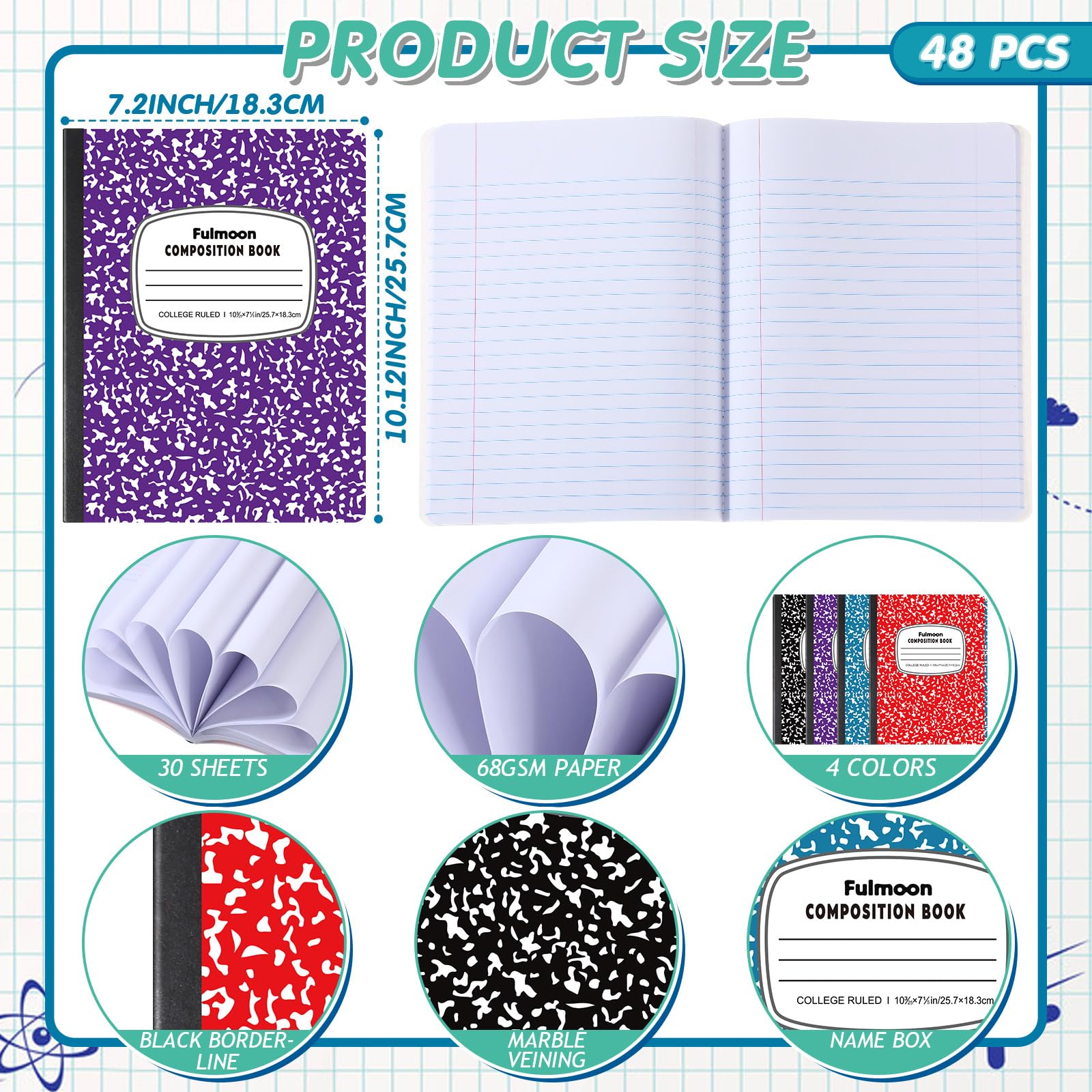 Fulmoon 48 Pack College Ruled Composition Notebooks - Hard Cover, 30 Sheets/60 Pages, 10.12