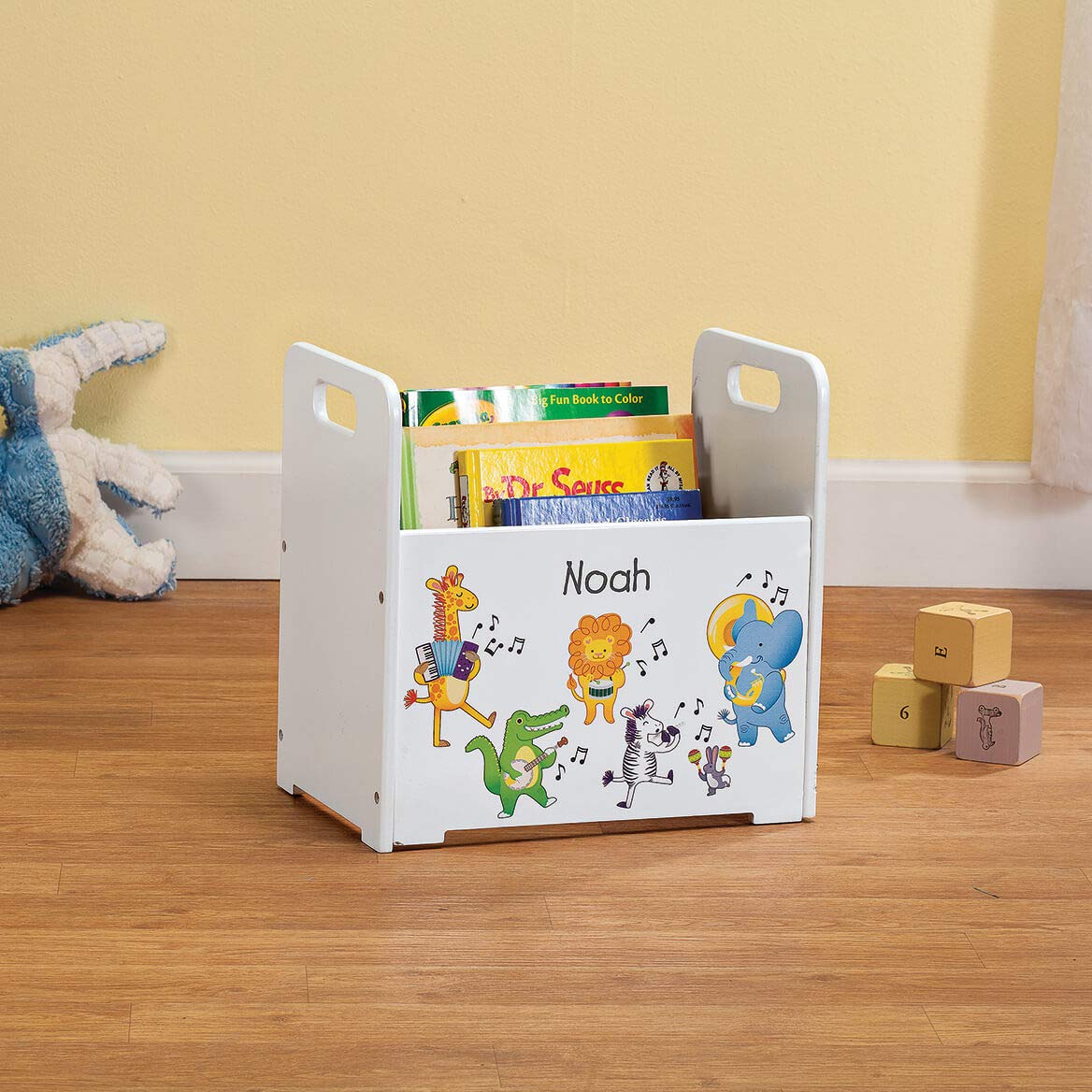 Personalized Kids Wooden Book Caddy - Custom Children's Book Storage Bin with Musical Animals Design | Nursery Organization, Playroom Decor & Toddler Reading Corner Essential