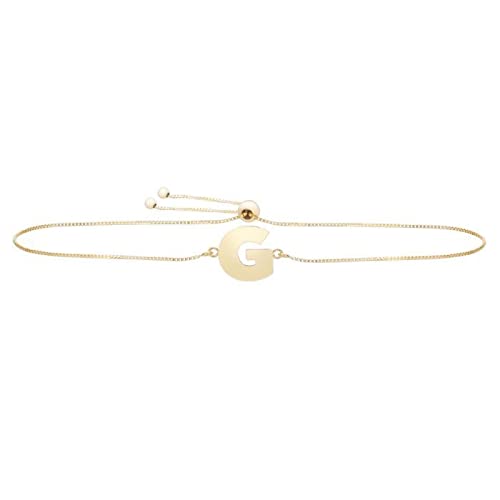 14K Solid Yellow Gold Letter A Adjustable Block Initial Bolo Friendship Bracelet with Drawstring Clasp - 9.25