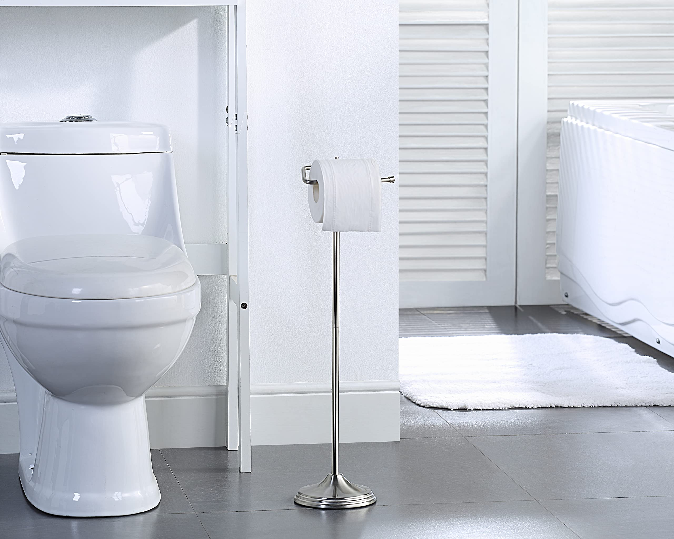 SunnyPoint Free Standing Toilet Paper Holder Stand with Reserve Storage - Satin Nickel Finish | Bathroom Tissue Roll Dispenser for Home, Office & Guest Bathroom