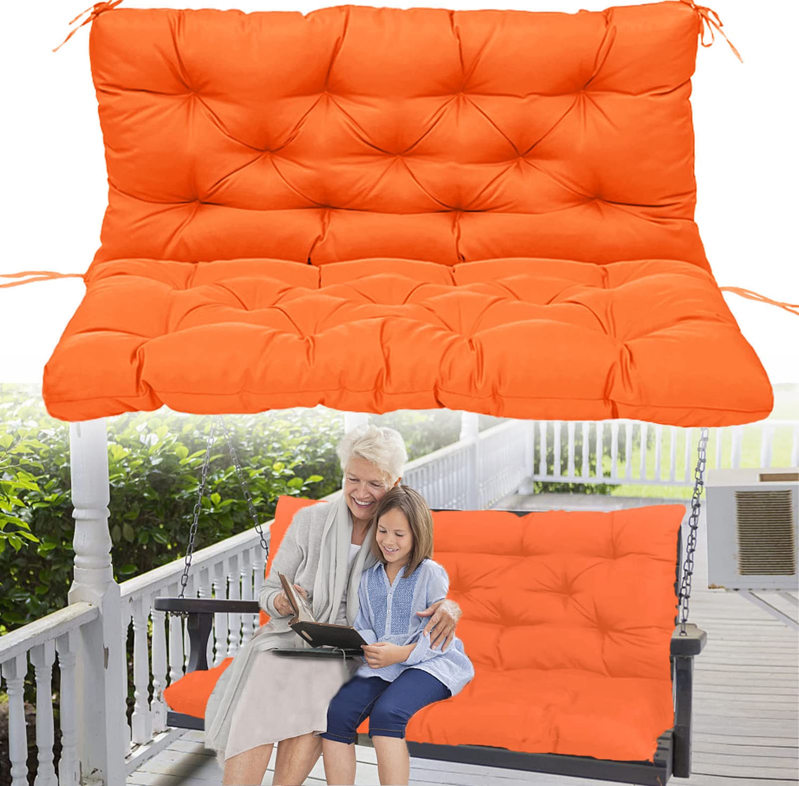 Waterproof Outdoor Swing Replacement Cushions with Backrest - 40x47 Inch Washable Bench Cushions for Patio, Garden & Loveseat (2-3 Seater, Orange) - Perfect for Relaxing in Your Backyard or Poolside
