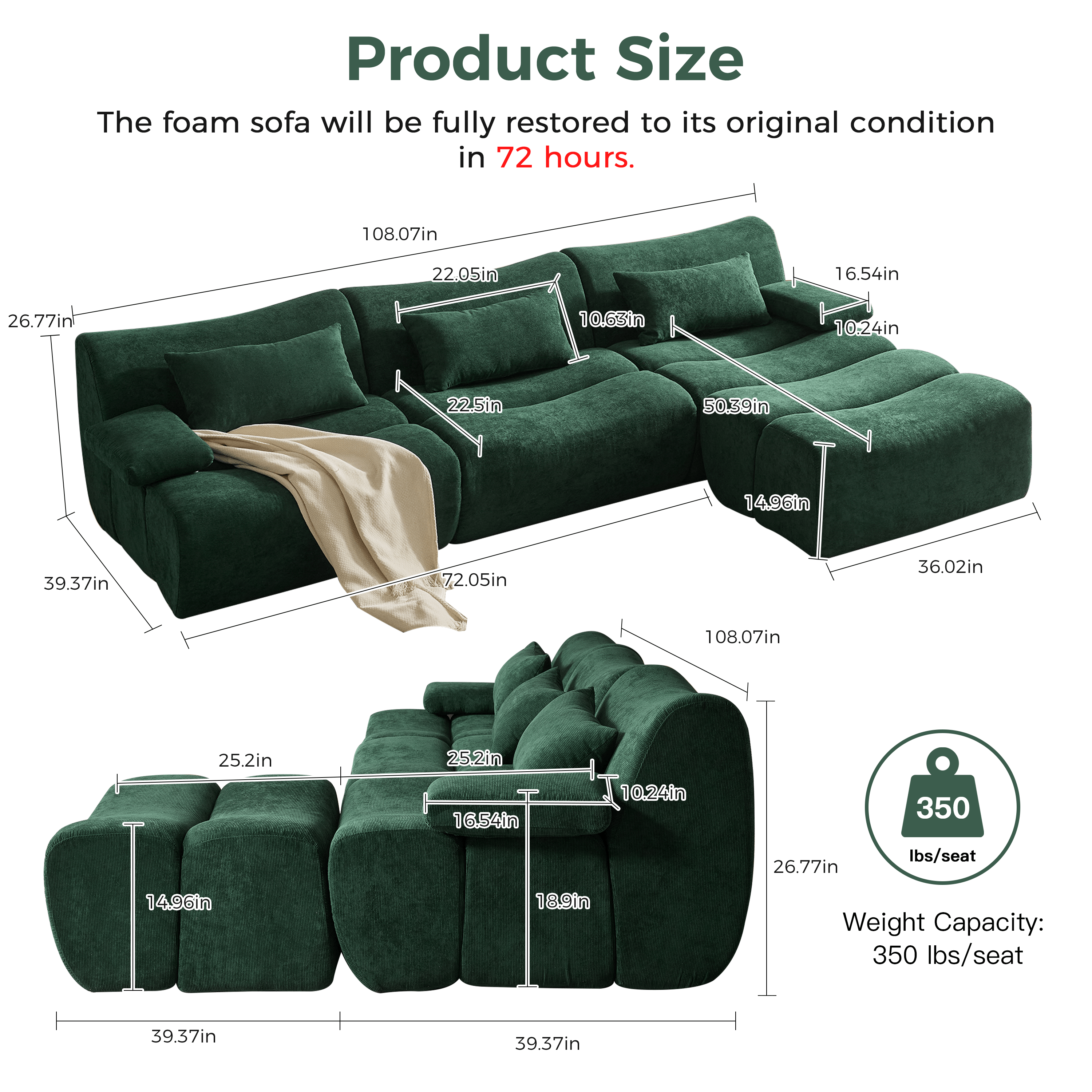 Modern Green & Brown Corduroy Sectional Sofa - Comfortable L-Shaped Couch for Living Room, Family Room & Small Spaces