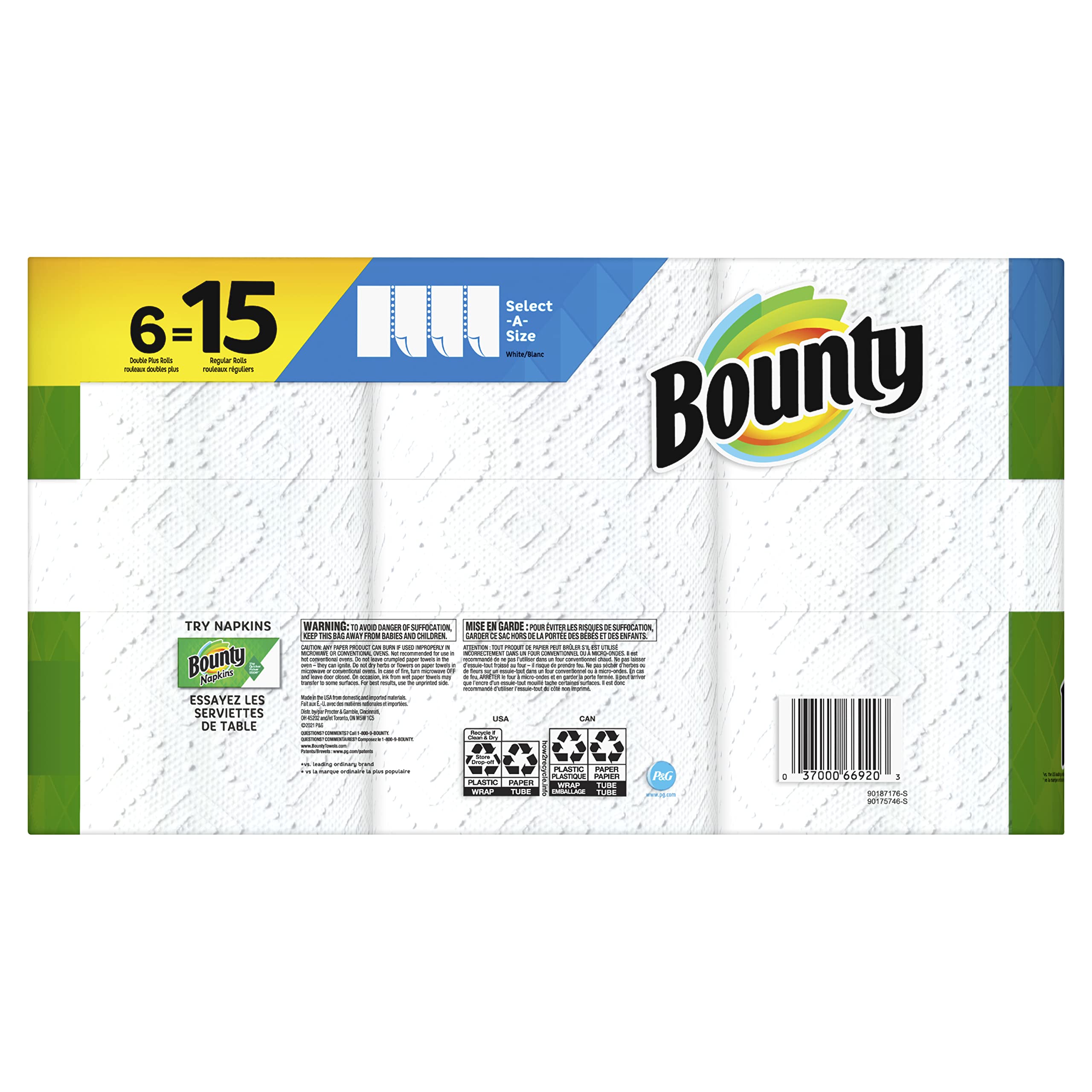 Bounty Select-A-Size Paper Towels, 6 Double Plus Rolls (Equivalent to 15 Regular Rolls) | Ultra Absorbent & Strong for Kitchen Cleaning, Spills, and Household Use