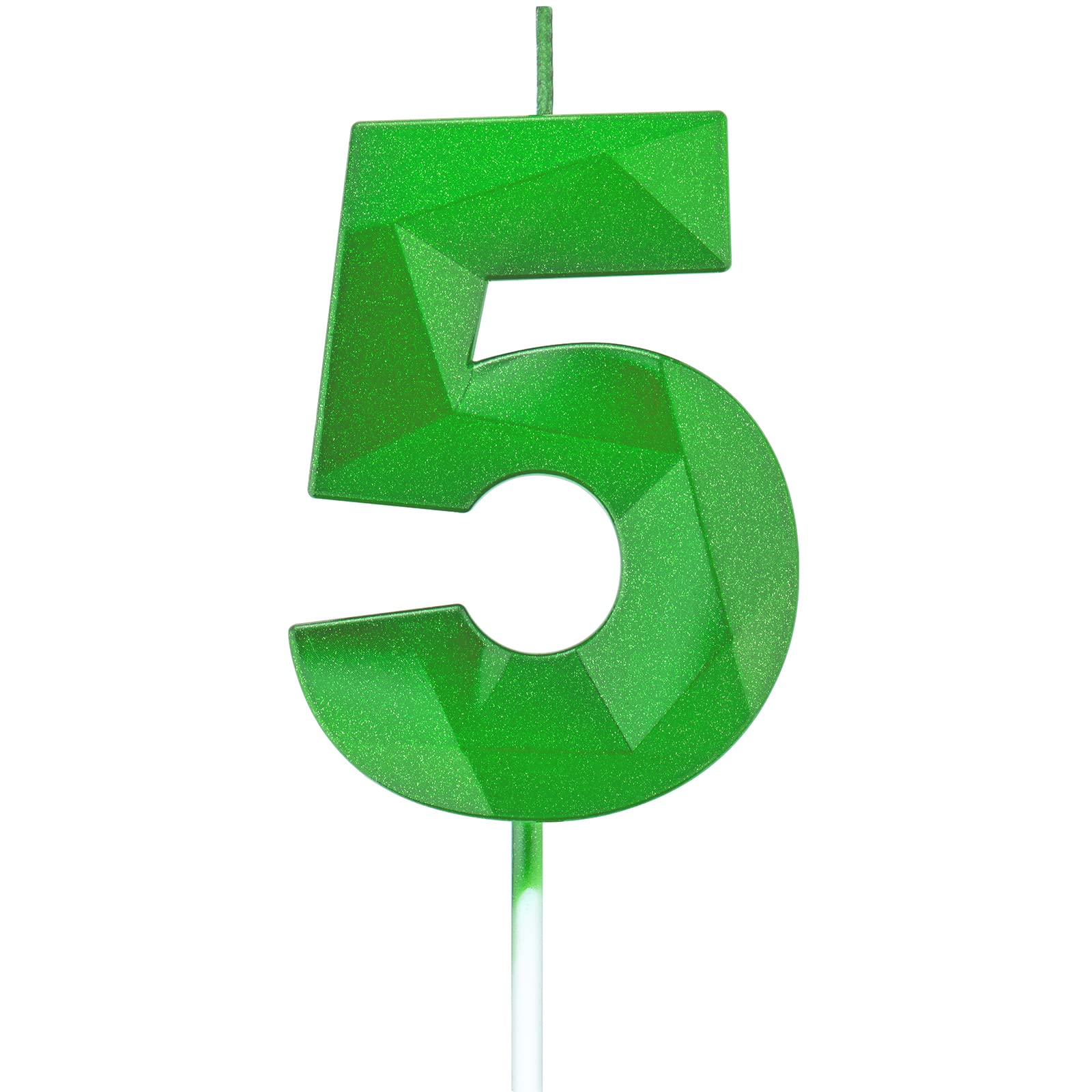 Willcan 2.75 Inch 3D Diamond-Shaped Green Number 5 Cake Topper with Glitter - Set of 5 Candles for Birthday Party Decorations, Kids & Adults Celebrations, Family Baking - Perfect for Birthday Cakes, Cupcakes, and Dessert Tables