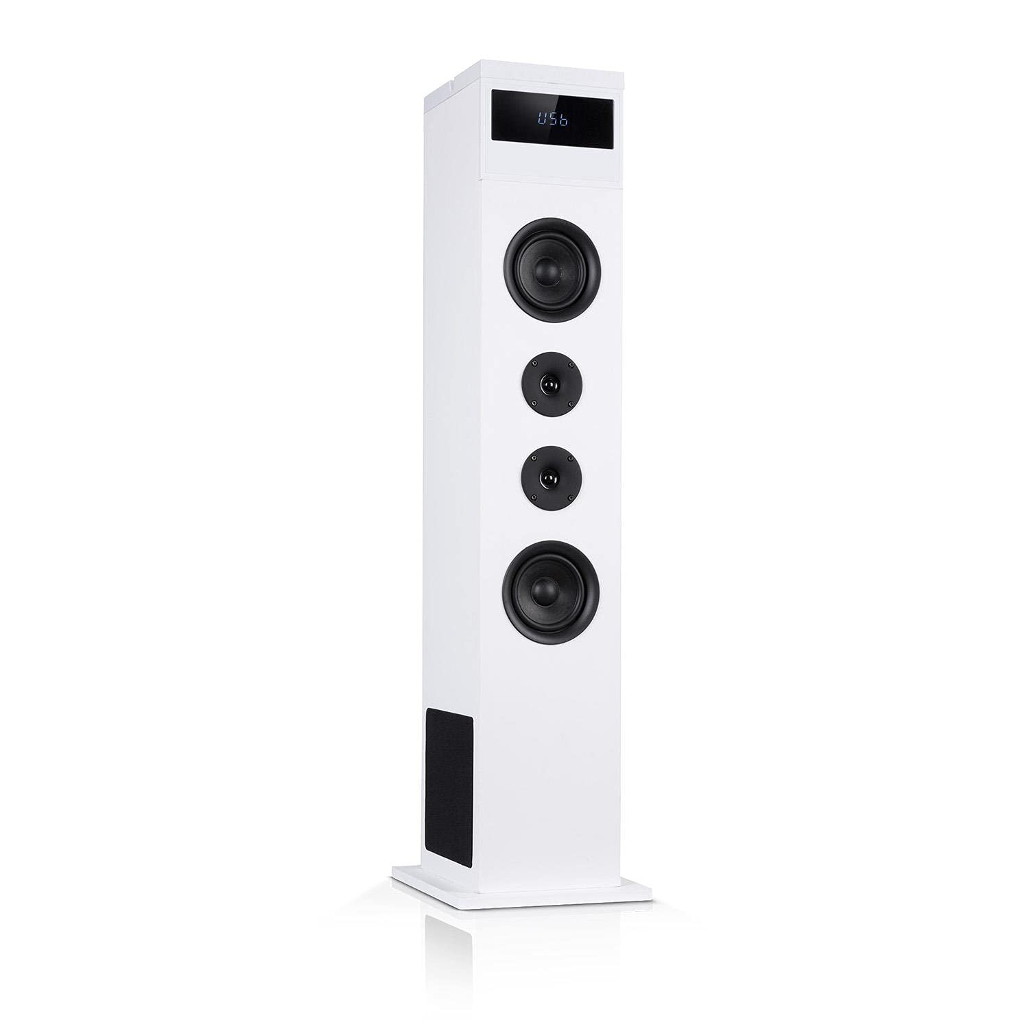 AUNA Karaboom 100 2.1 Channel Bluetooth Tower Speaker System - 120W Max Power, 2-in-1 USB Port, MP3 Playback, AUX Input with Tablet Stand - Perfect for Home Theater, Gaming & Party Sound System (White)