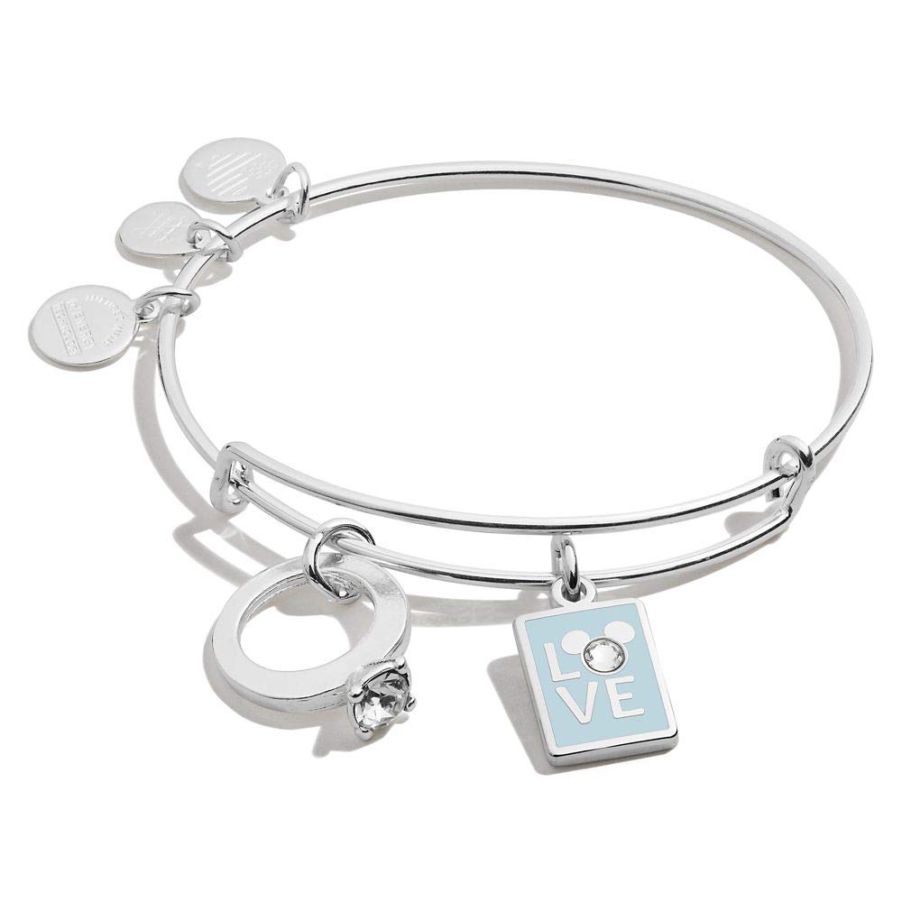 Disney Mickey & Minnie Mouse Couple Love Ring Charm Silver Bangle Bracelet for Women - Romantic Gift for Valentine's Day, Anniversary & Couple Matching Jewelry