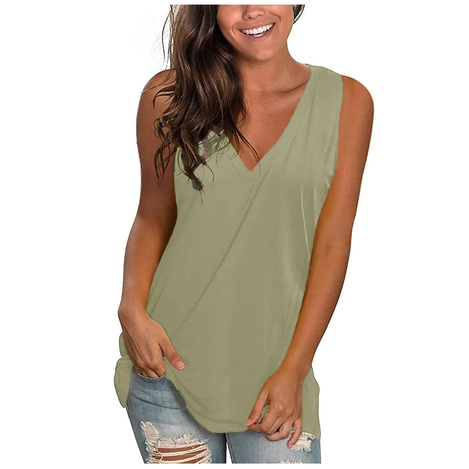 Women's Casual Workout Tank Top - Pure Color V-Neck Sleeveless Tunic with Side Split | Comfortable Summer Tee for Gym, Yoga, Running & Outdoor Activities