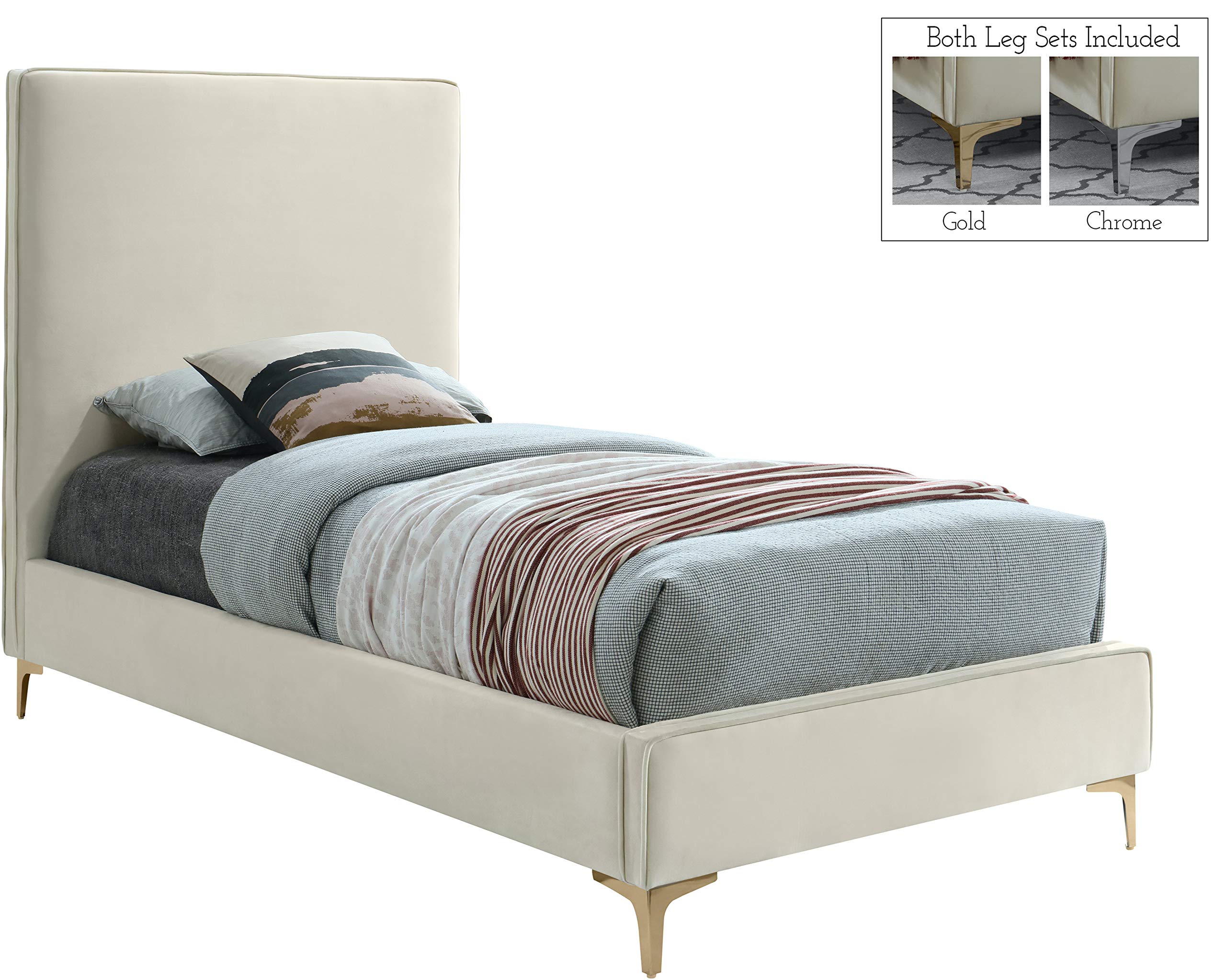Meridian Furniture Geri Collection Modern Velvet Upholstered Bed - Twin Size Cream with Gold/Chrome Headboard | Luxury Bedroom Furniture for Contemporary Home Decor