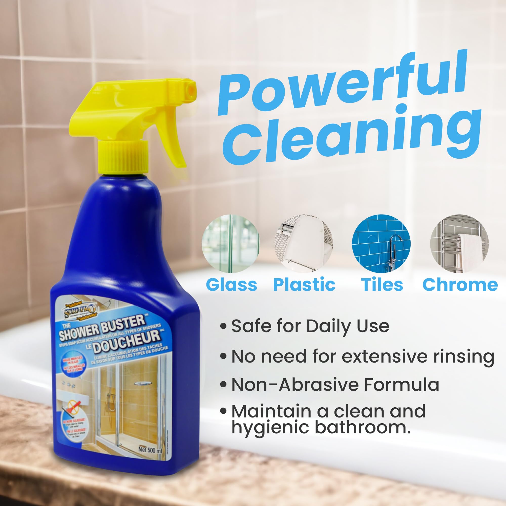 Shower Cleaner Buster Spray - Powerful Glass Shower Door Cleaner, Removes Soap Scum & Water Stains (500ml/16.9oz) - Perfect for Bathroom, Kitchen & Tile Cleaning - Ideal for Daily Use & Deep Cleaning