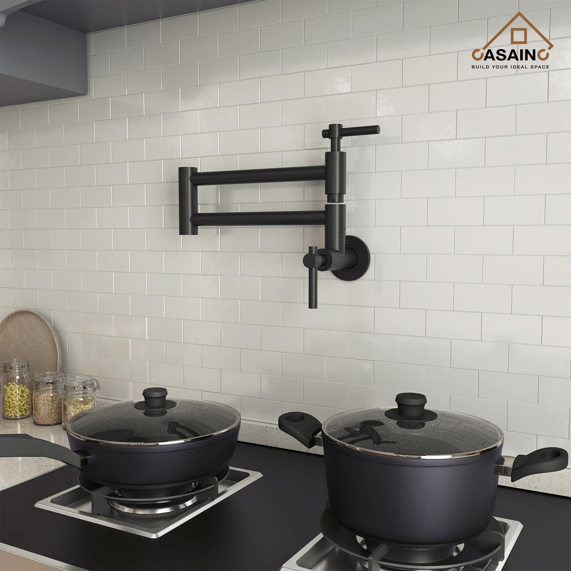 CASAINC Matte Black Wall Mount Pot Filler Faucet - Commercial Grade Brass Swing Arm Folding Kitchen Faucet for Stove - Perfect for Restaurants, Home Kitchens & Cooking Enthusiasts
