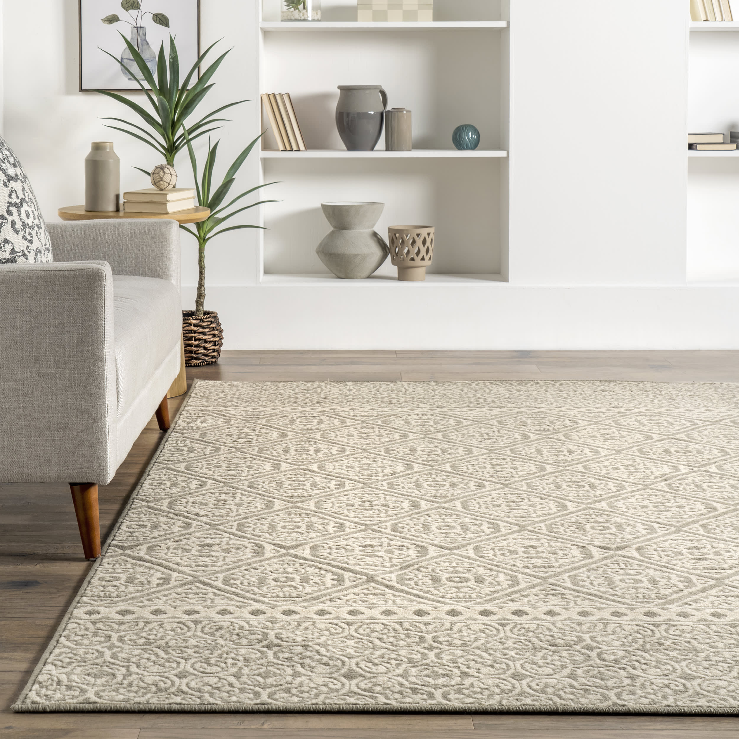 Floral Pattern Grey Area Rug - Non-Slip Soft Living Room Carpet for Home Decor, Bedroom, Dining Room
