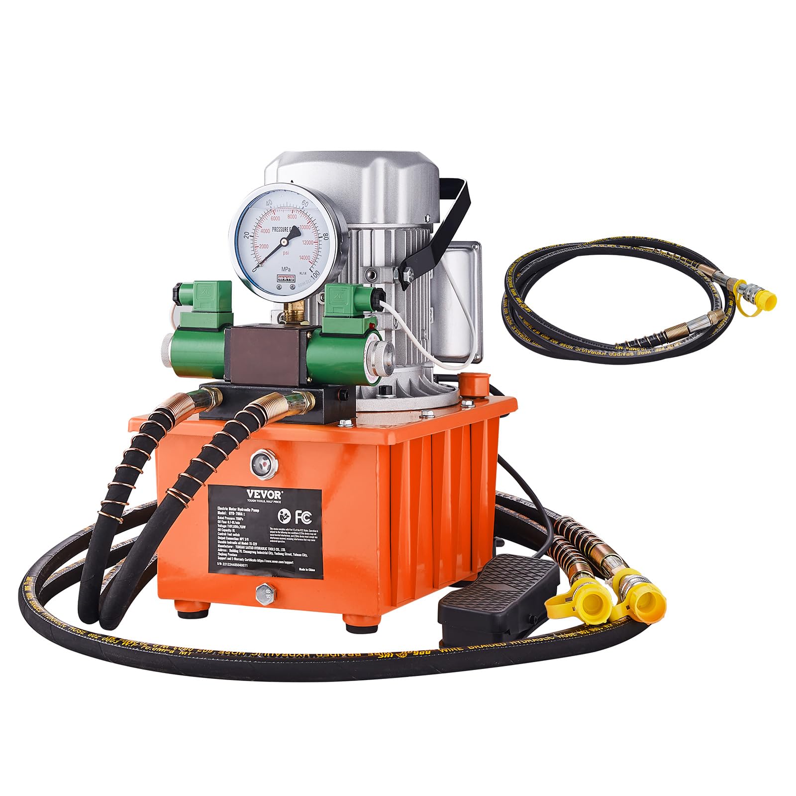VEVOR 8L Hydraulic Power Pack Unit - Double Acting Solenoid Valve, 488 in³ Capacity, Electric Driven with Foot Pedal Switch for Punch Press, Metal Bending & Hydraulic Jack - Heavy Duty Industrial Use (Orange)