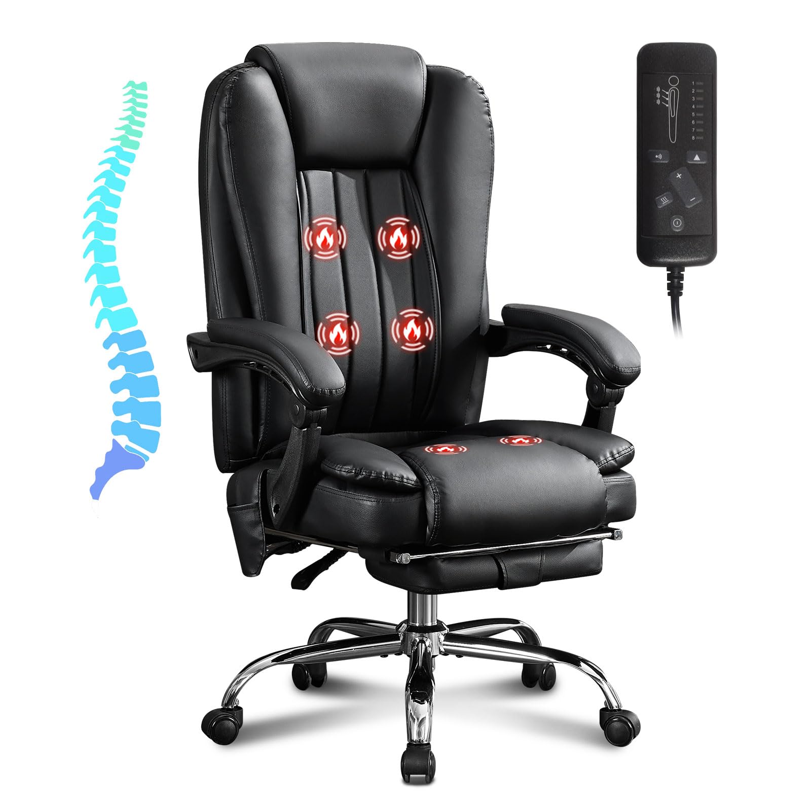 Premium Massage Office Chair with Heat & 6 Vibration Points - Ergonomic Executive Chair with Footrest, Padded Armrests, Reclining Backrest & Smooth-Rolling Wheels - Perfect for Home Office, Gaming & Relaxation