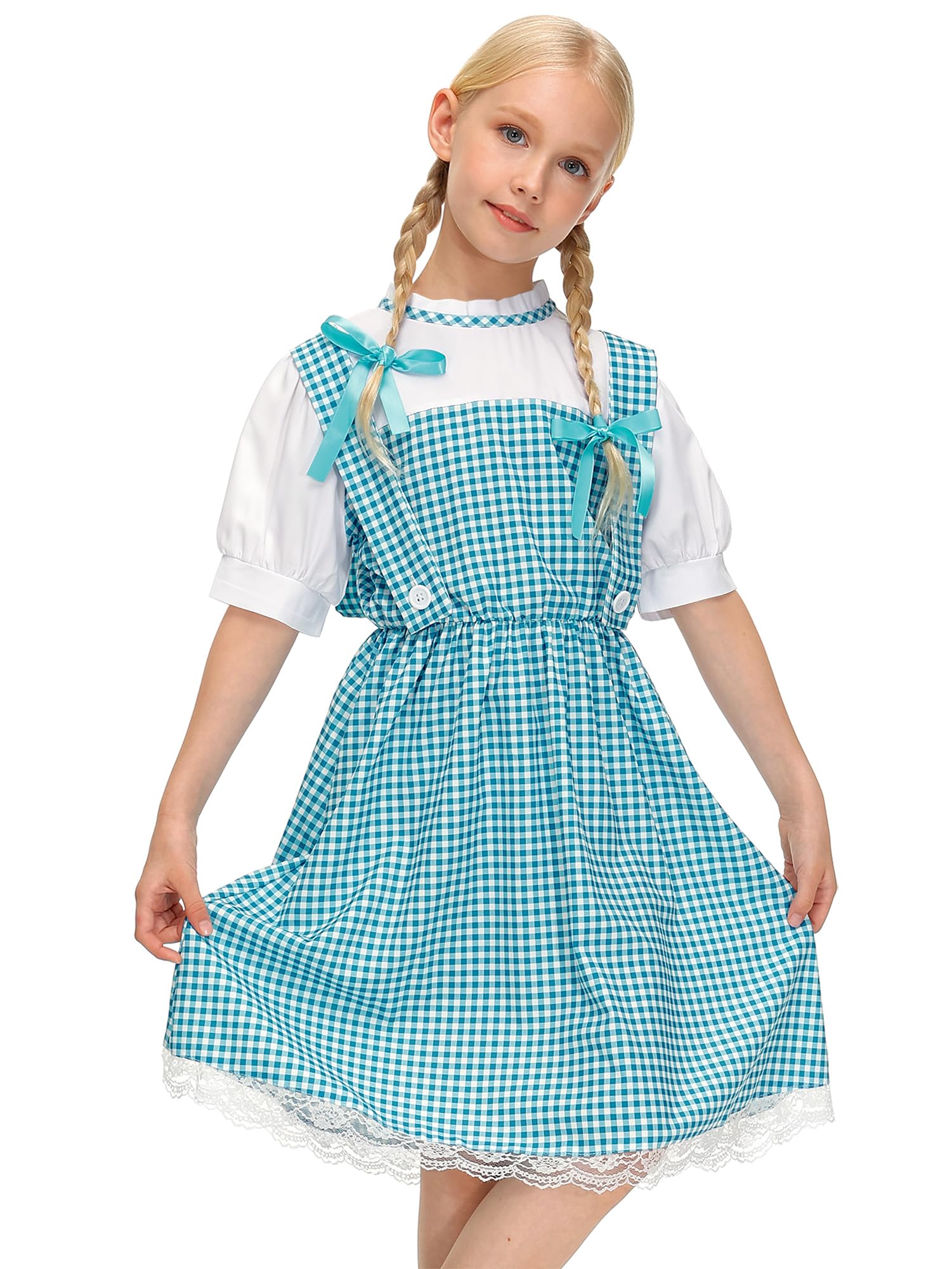 Blue Gingham Puff Sleeve Midi Dress for Girls 5-14 Years | Halloween Costume with Matching Hair Bows | Perfect for Trick-or-Treating, Costume Parties & Photo Shoots