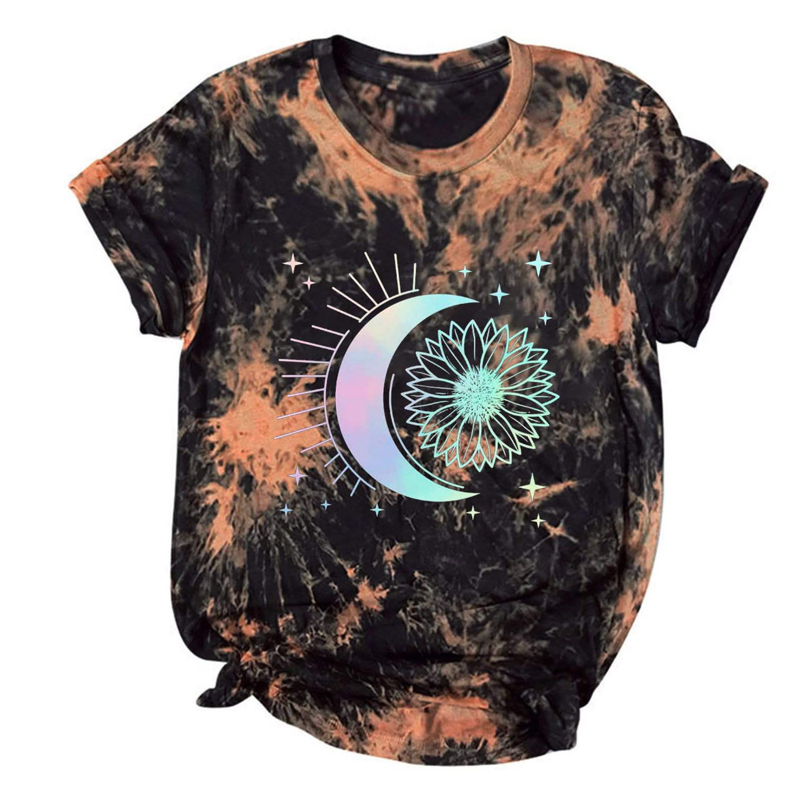 Vintage Tie Dye T-Shirts for Women - Trendy Summer Graphic Tee with Glitter Moon & Sun Design - Short Sleeve Casual Blouse for Beach, Festival, and Everyday Wear