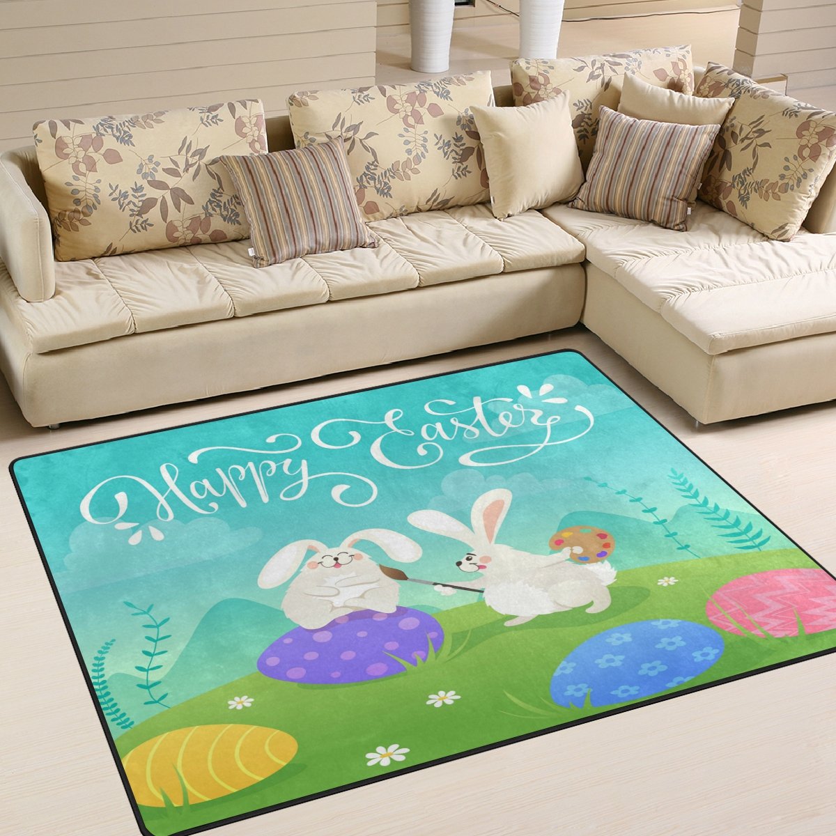 Happy Easter Rabbit Sitting on Egg Area Rug - 5'3