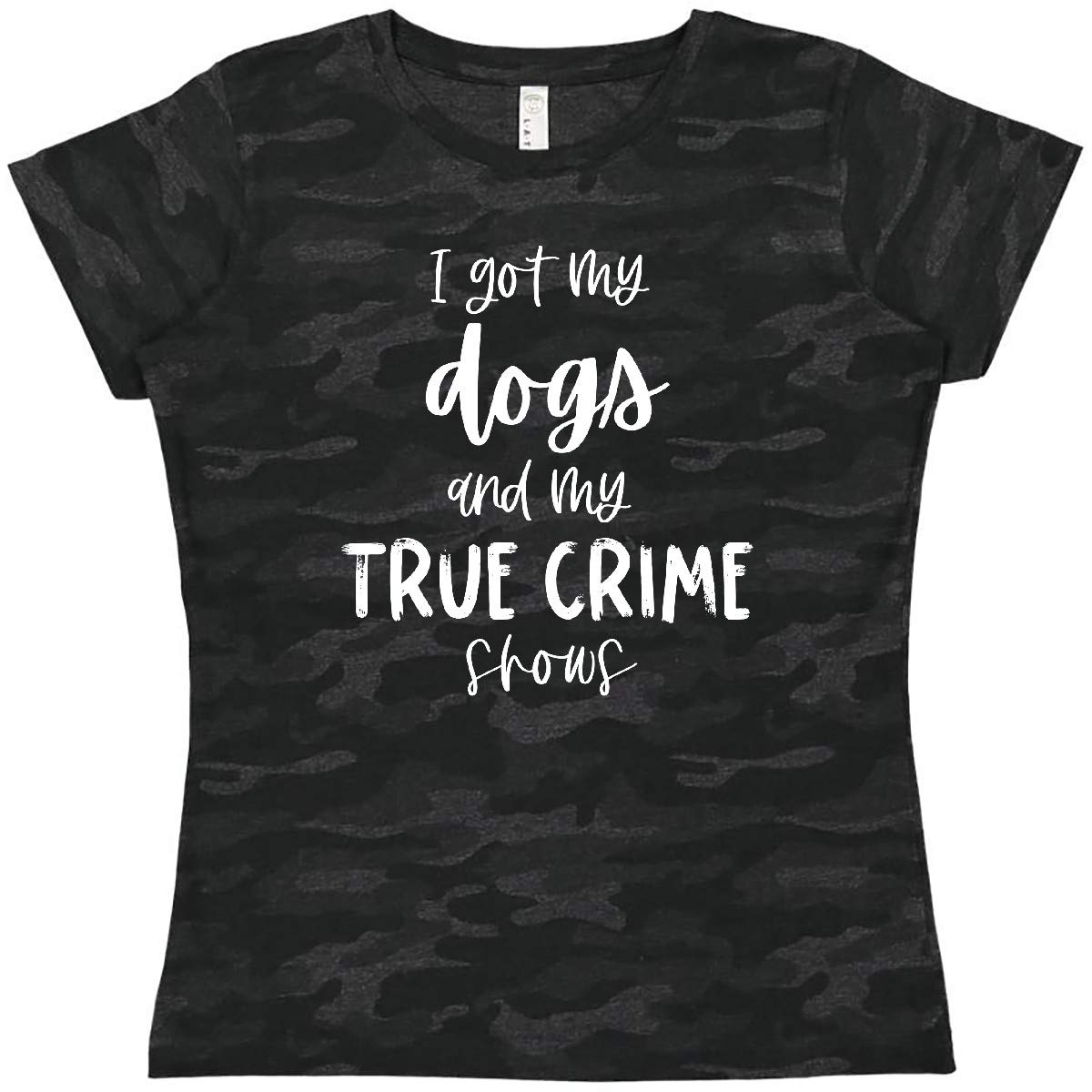 Inktastic 'I Got My Dogs and My True Crime Shows' Women's T-Shirt - Comfortable Casual Tee for Dog Lovers & Crime Show Fans
