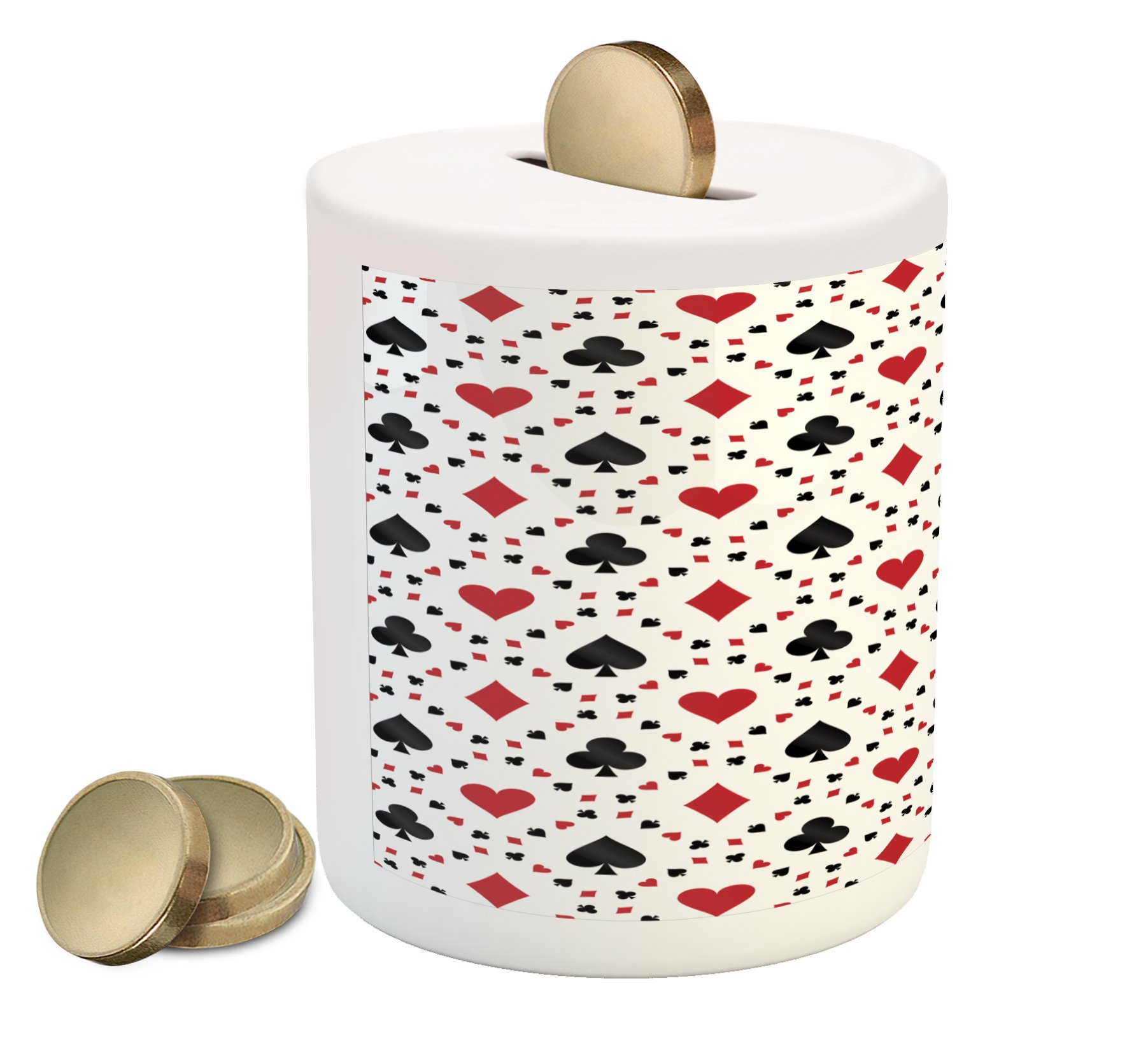 Ambesonne Casino Themed Ceramic Piggy Bank - Poker Cards Design Money Box for Cash Saving, Red & Black Art Print | Perfect for Casino Lovers, Poker Enthusiasts & Home Decor