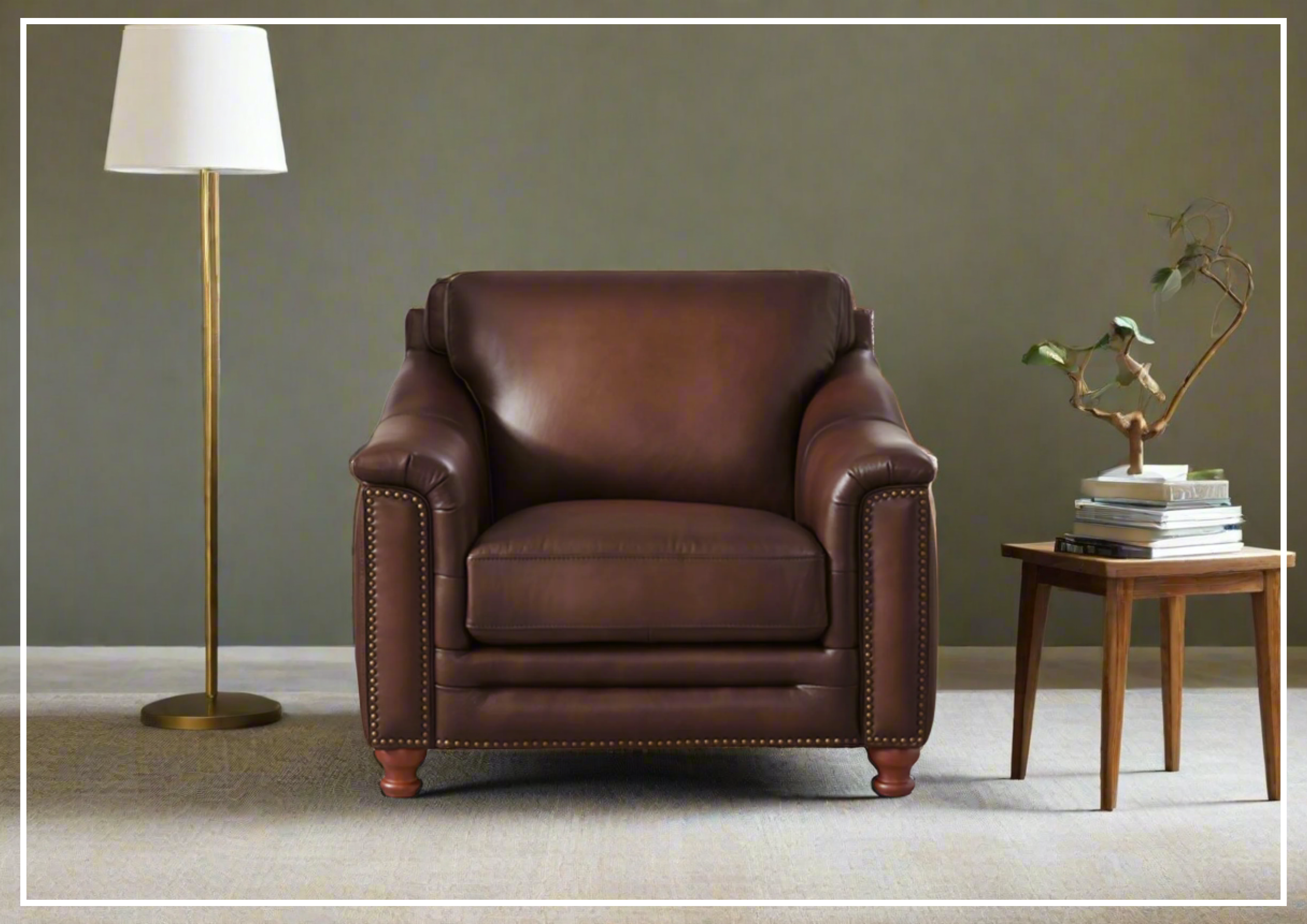 Premium Hydeline Belfast Brown Leather Chair with Nailhead Trim - Luxurious Office & Living Room Seating for Home & Workspace