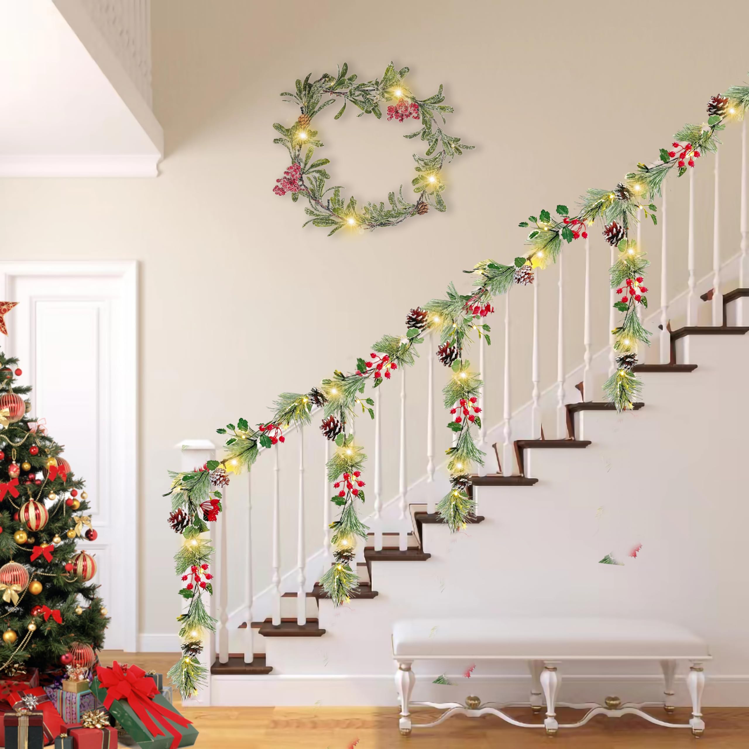 6FT Smokey Pine Prelit Christmas Garland with Timer - Battery Operated LED Holly Garland for Stairs, Railing, Mantle & Fireplace Decor - Perfect for Holiday Parties, Home & Office Christmas Decorations