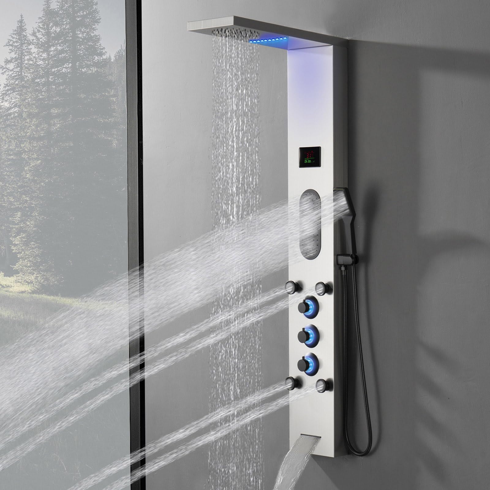 LED Shower Wall Panels with Rainfall Shower Head | Large Body Jet Massage System | Temperature Display & Adjustable Jets | Includes Tub Spout & Hand Shower in Brushed Nickel Finish | Perfect for Spa-Like Bathroom Renovations & Luxury Shower Experiences