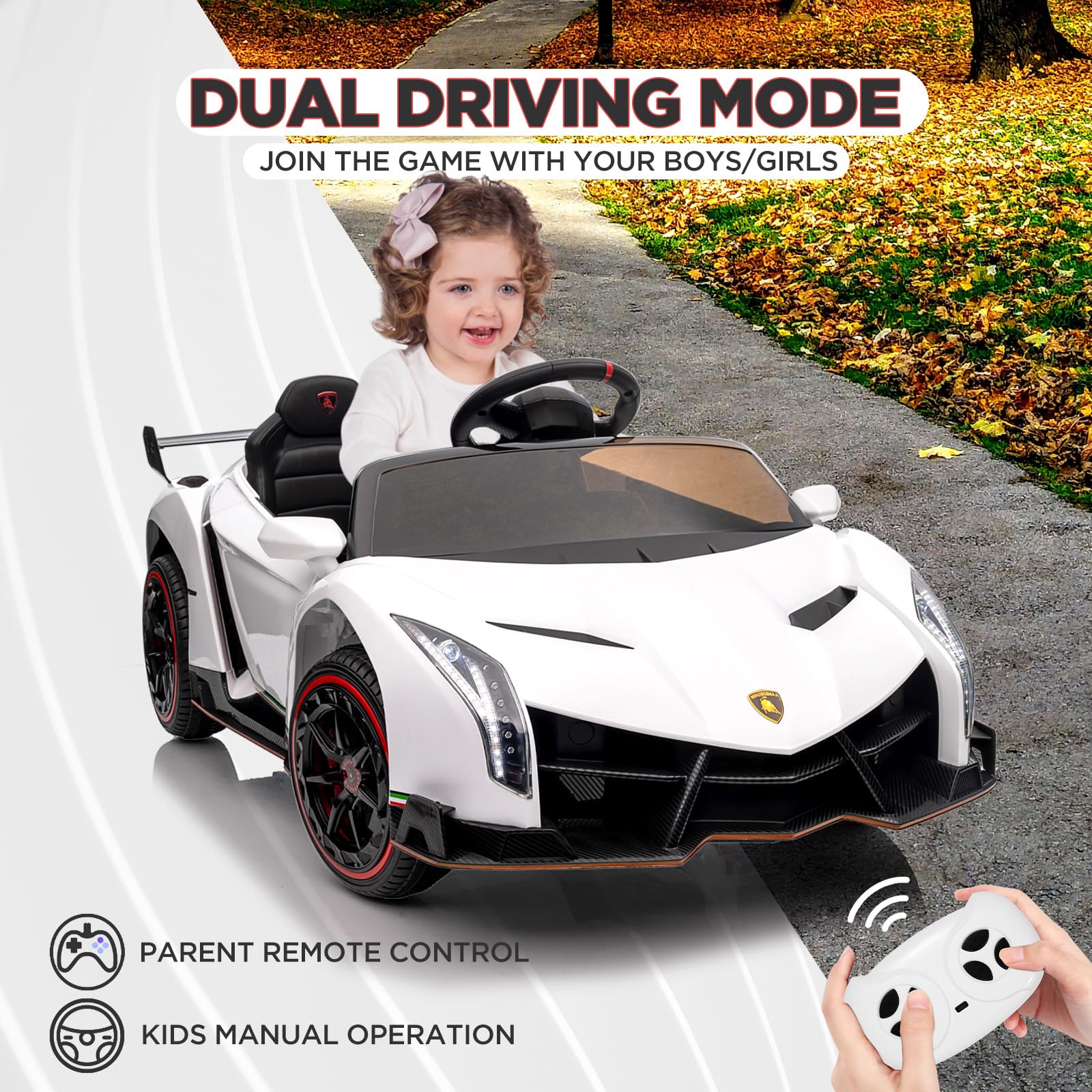GARVEE 12V Kids Electric Ride-On Car - Licensed Lamborghini Veneno Toy with Parent Remote Control, Scissor Doors, 3 Speed Modes & LED Headlights - Battery-Powered Rocking Music Ride-On Toy for Boys & Girls (White) - Perfect for Birthday Gifts, Outdoor Play & Indoor Fun