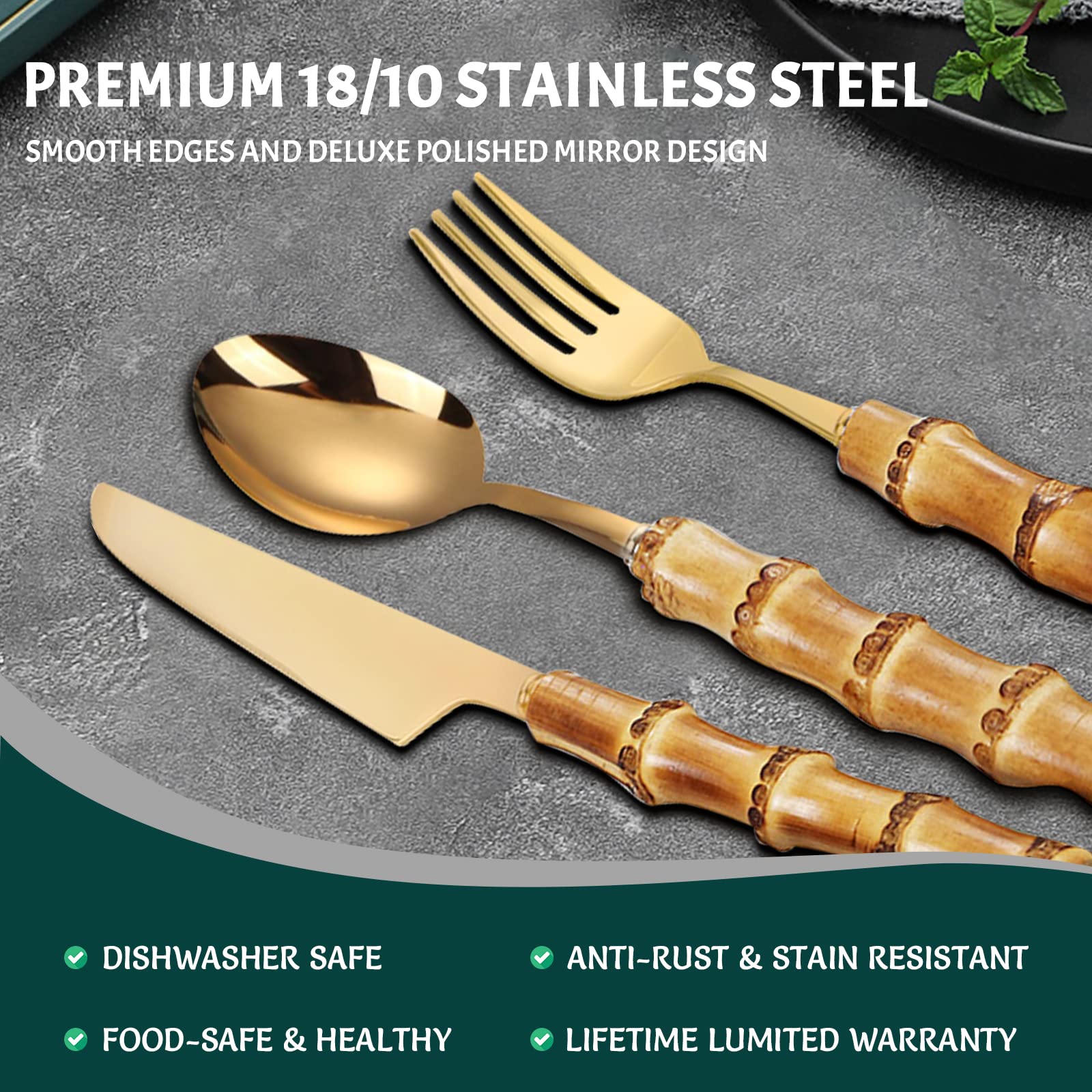 Premium 60-Piece Bamboo Handle Silverware Set for 12 - 18/8 Stainless Steel Golden Flatware Cutlery Set - Dishwasher Safe Kitchen Utensils - Perfect for Dinner Parties, Restaurants & Everyday Dining (12 Place Settings)