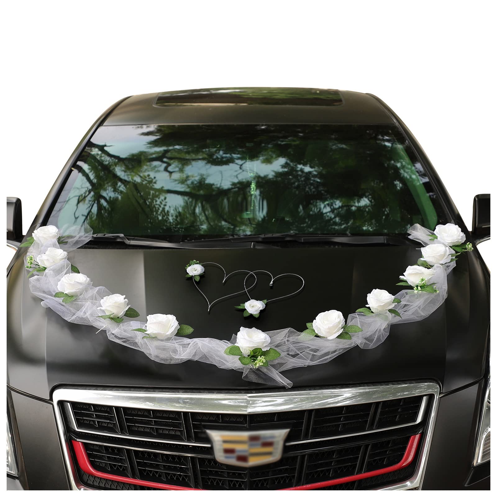 QALSI White Wedding Car Ribbon - Elegant Bridal Car Decorations with Rose Lace Bouquet for Couples | Perfect for Wedding Day, Bridal Showers & Anniversary Celebrations