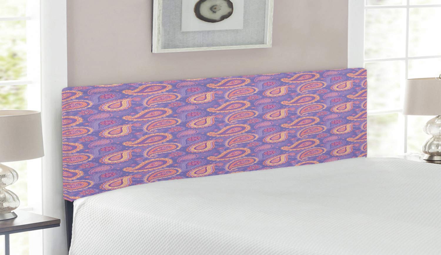 Ambesonne Bohemian Paisley Upholstered Headboard - Queen Size Traditional Persian Ethnic Design with Memory Foam in Lavender Peach Cream | Perfect for Bedroom Decor, Guest Rooms & Bohemian Style Homes