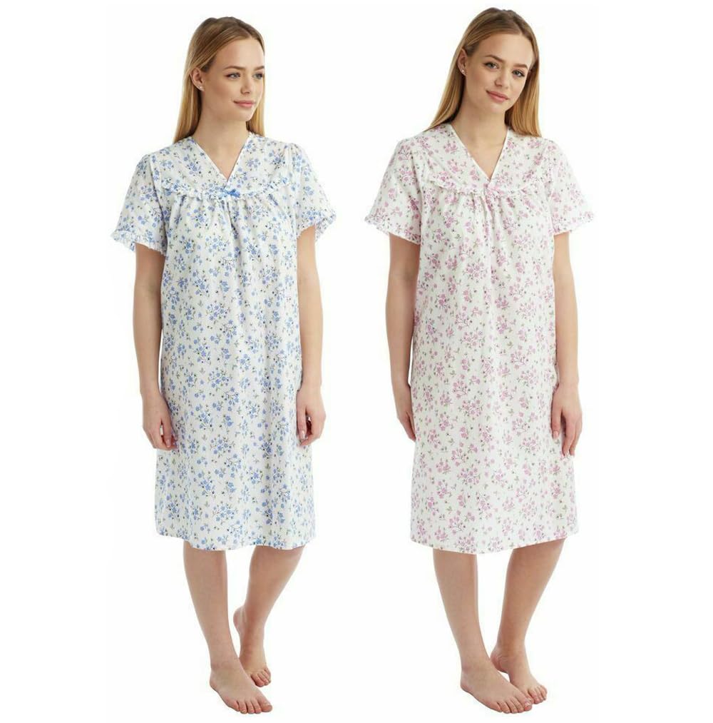 Tesmark Women's Incontinence Nightgown - Open Back Floral Hospital Nightdress for Bladder Control, Maternity & Postpartum Care - Breathable Poly-Cotton Nightwear UK Sizes 8-30 (Ideal for Elderly Care, Recovery & Comfortable Sleep)
