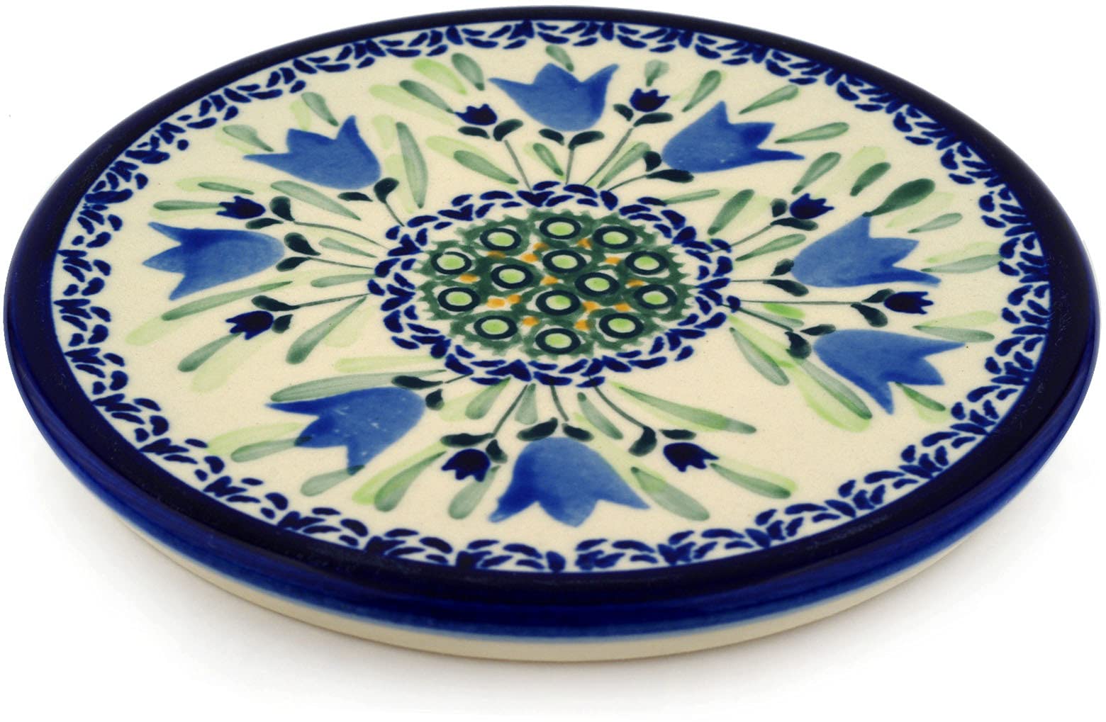Handmade Blue Rose Polish Pottery Trivet - Blue Tulip Design for Hot Dishes & Kitchen Decor - Perfect for Dining Tables, Countertops, and Gift Giving